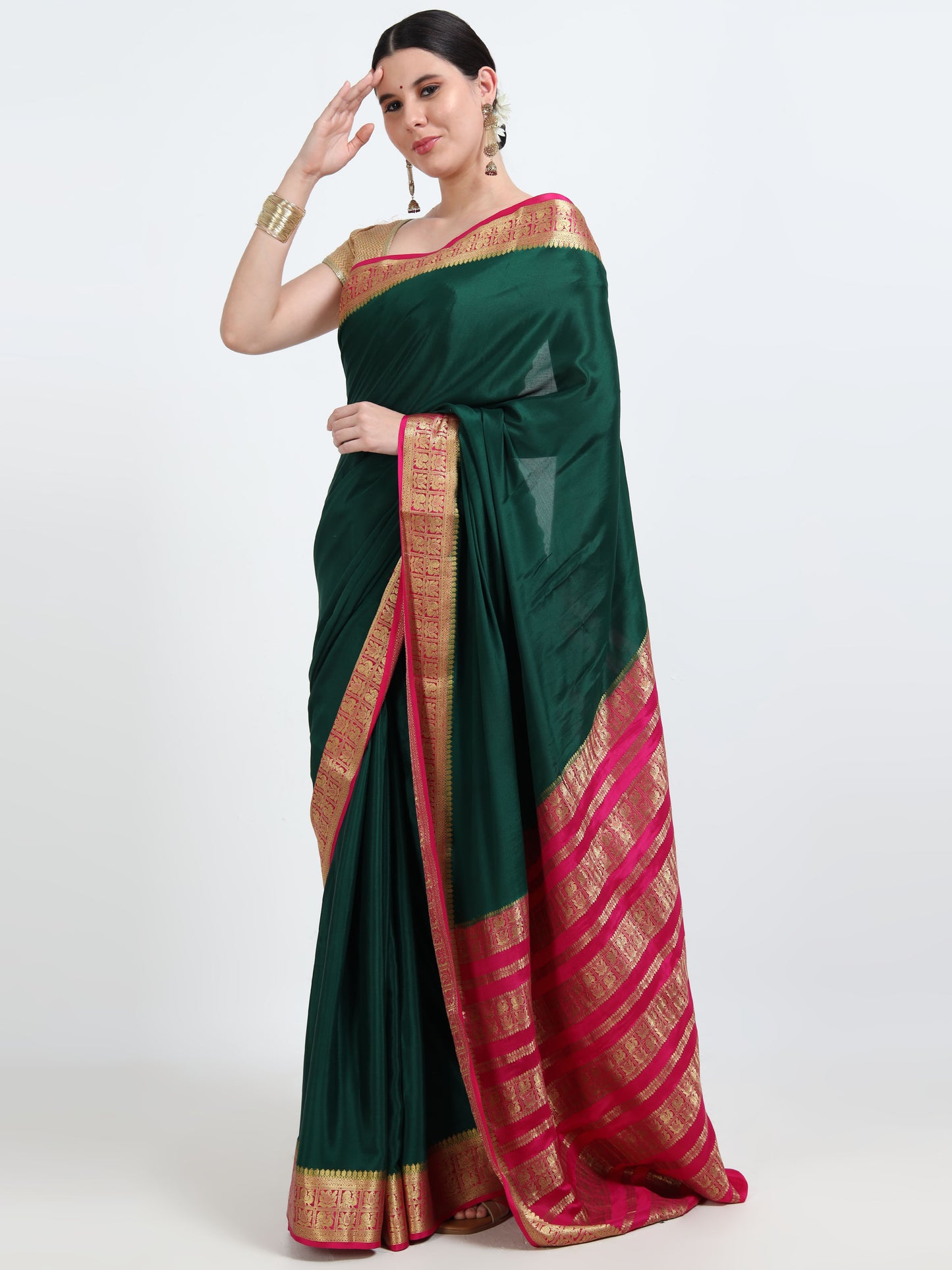 Bottle Green Body With Rani Pink Pallu Pure Mysore Silk Crepe ( MC-MS 9 )