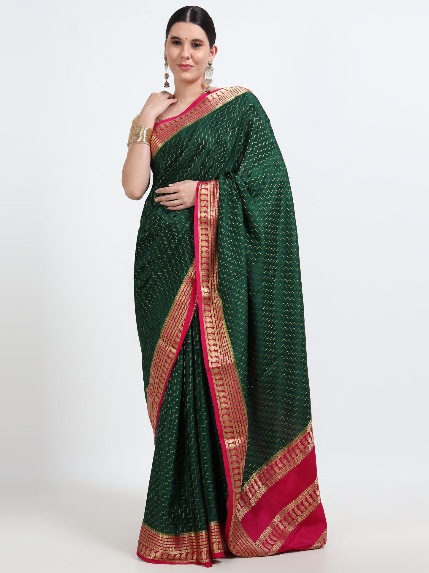 Bottle Green Body With Rani Pink Pallu Pure Mysore Silk Crepe ( MC-MS 8 )