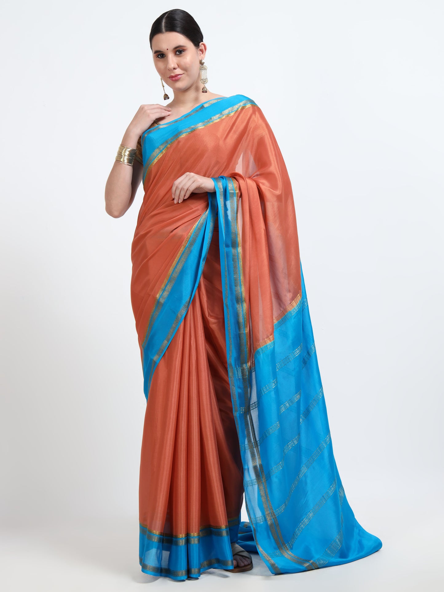 Pastel Rust Body With Sky Blue Pallu Pure Mysore Silk Crepe ( MC-MS 10 )