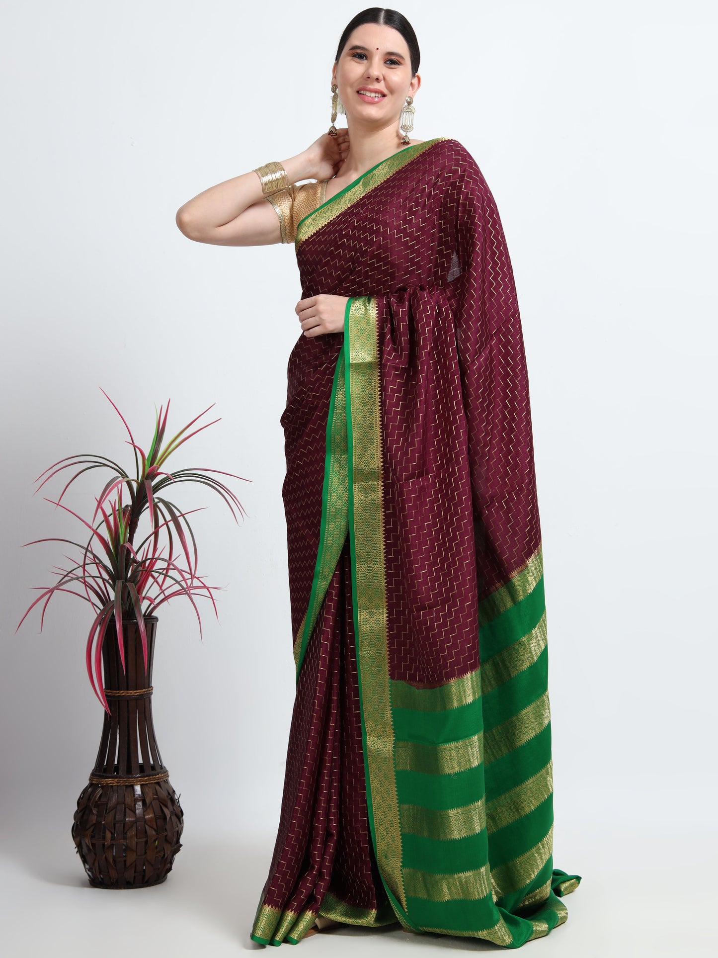 Maroon Body With Green Pallu Pure Mysore Silk Crepe ( MC-MS 8 )