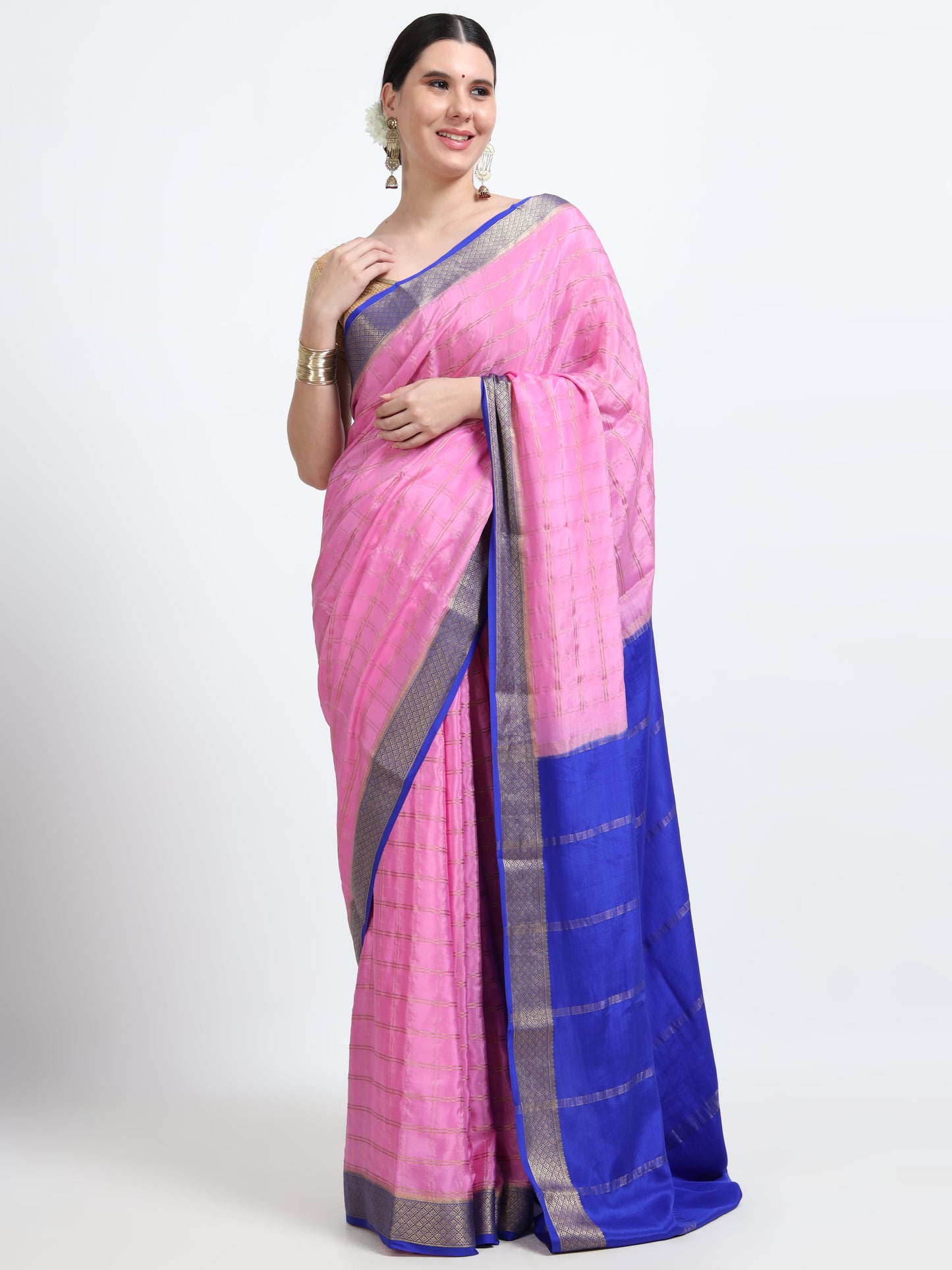 Pink Body With Royal Blue Pallu Pure Mysore Silk Crepe ( MC-MS 7 )