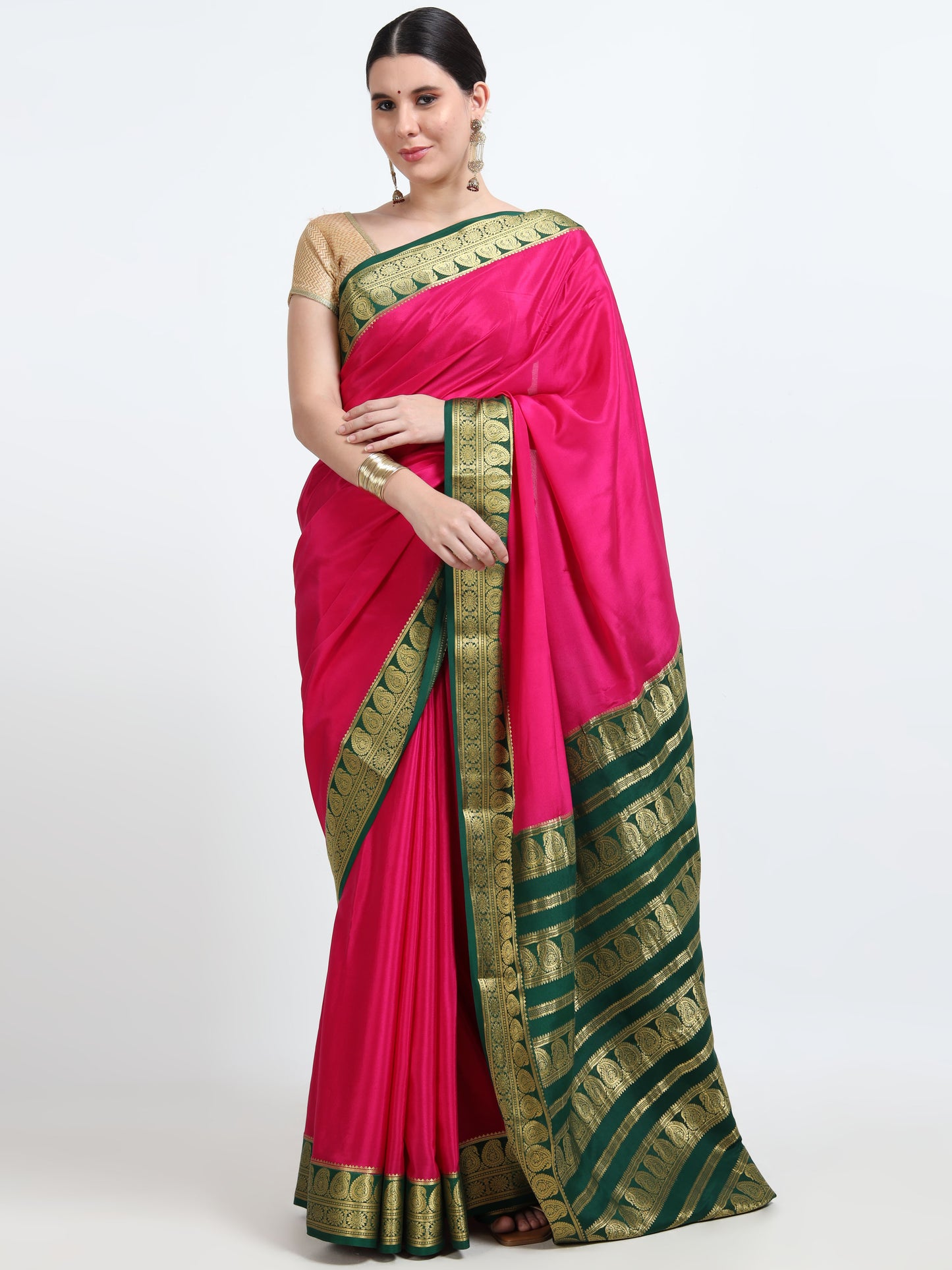 Rani Pink Body With Bottle Green Pallu Pure Mysore Silk Crepe ( MC-MS 9 )