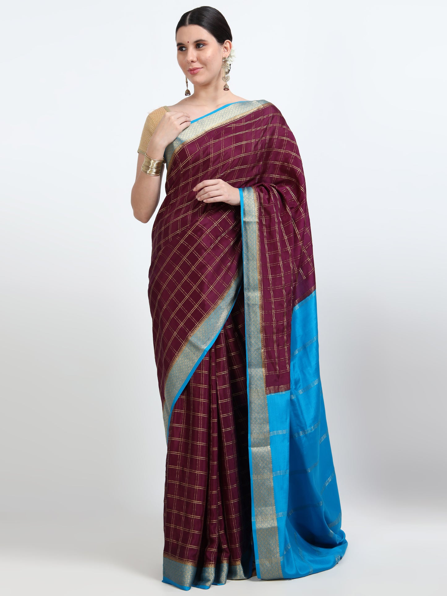 Off Wine Body With Sky Blue Pallu Pure Mysore Silk Crepe ( MC-MS 7 )