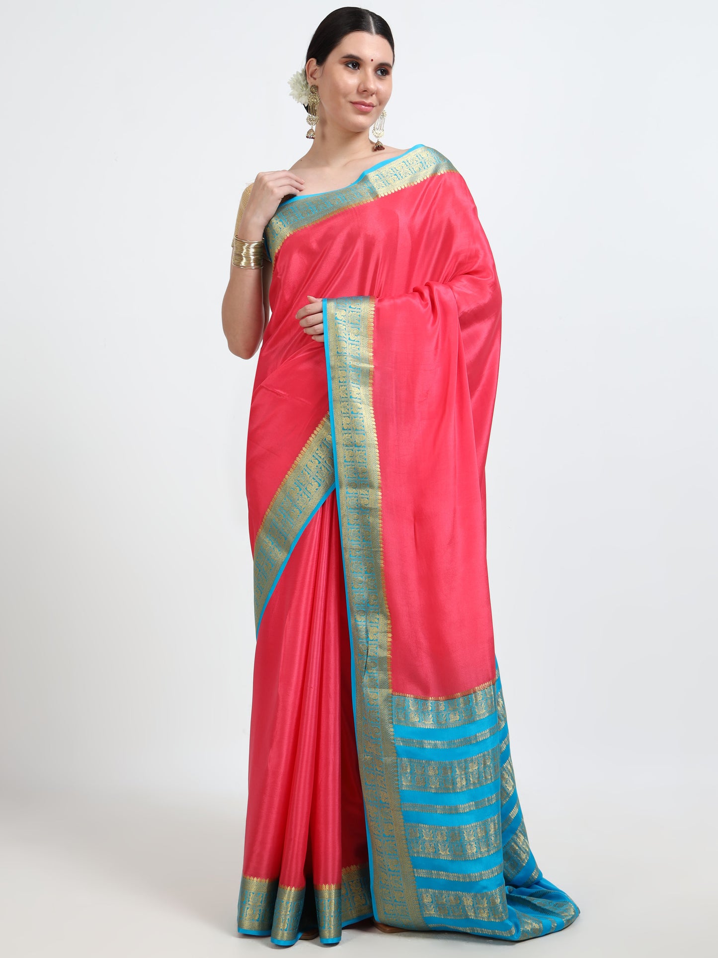 Tomato Pink Body With Sky Blue Pallu Pure Mysore Silk Crepe ( MC-MS 9 )