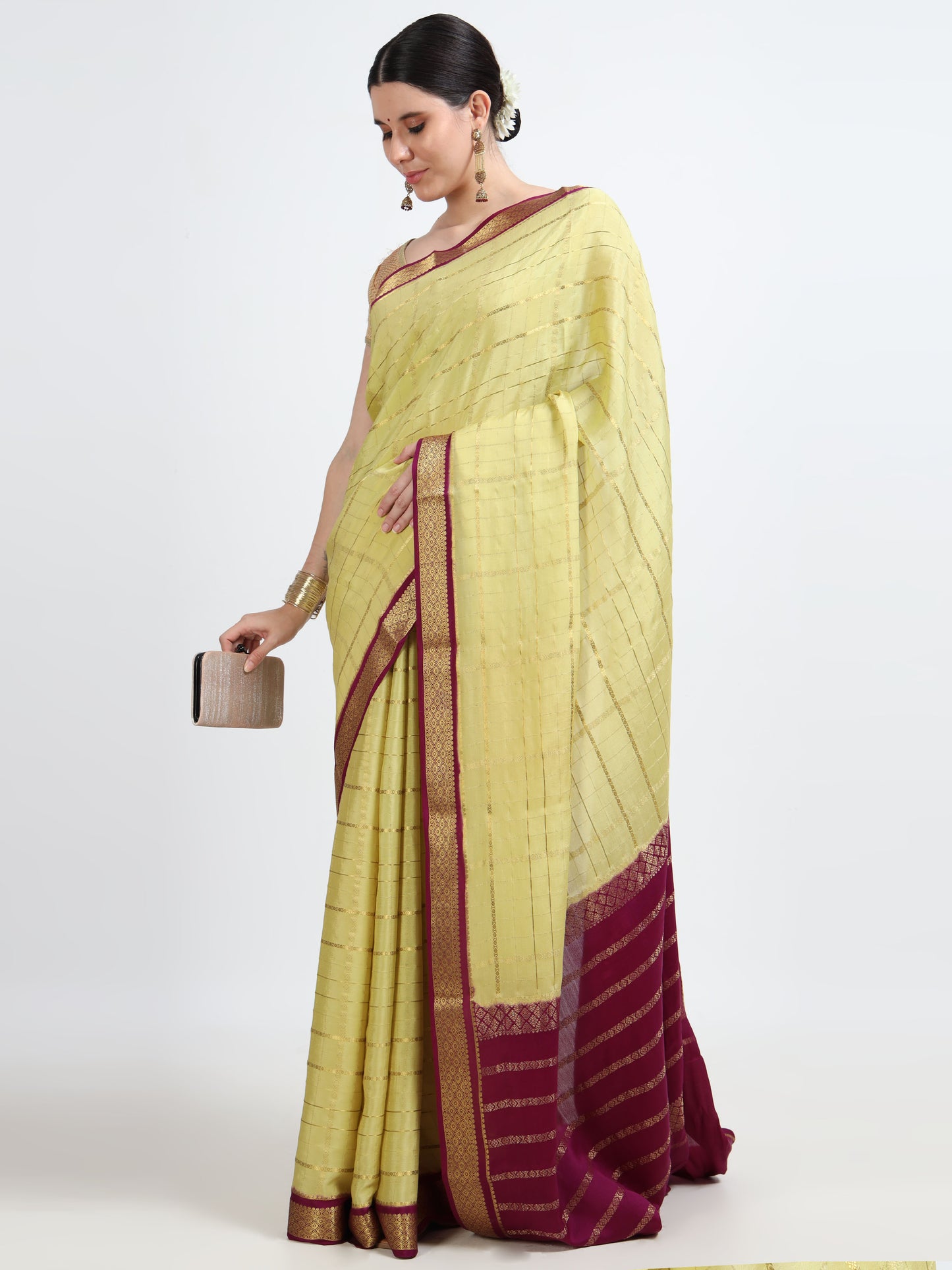 Pastel Pale Green Body With Majenta Pallu Pure Mysore Silk Crepe ( MC-MS 6 )