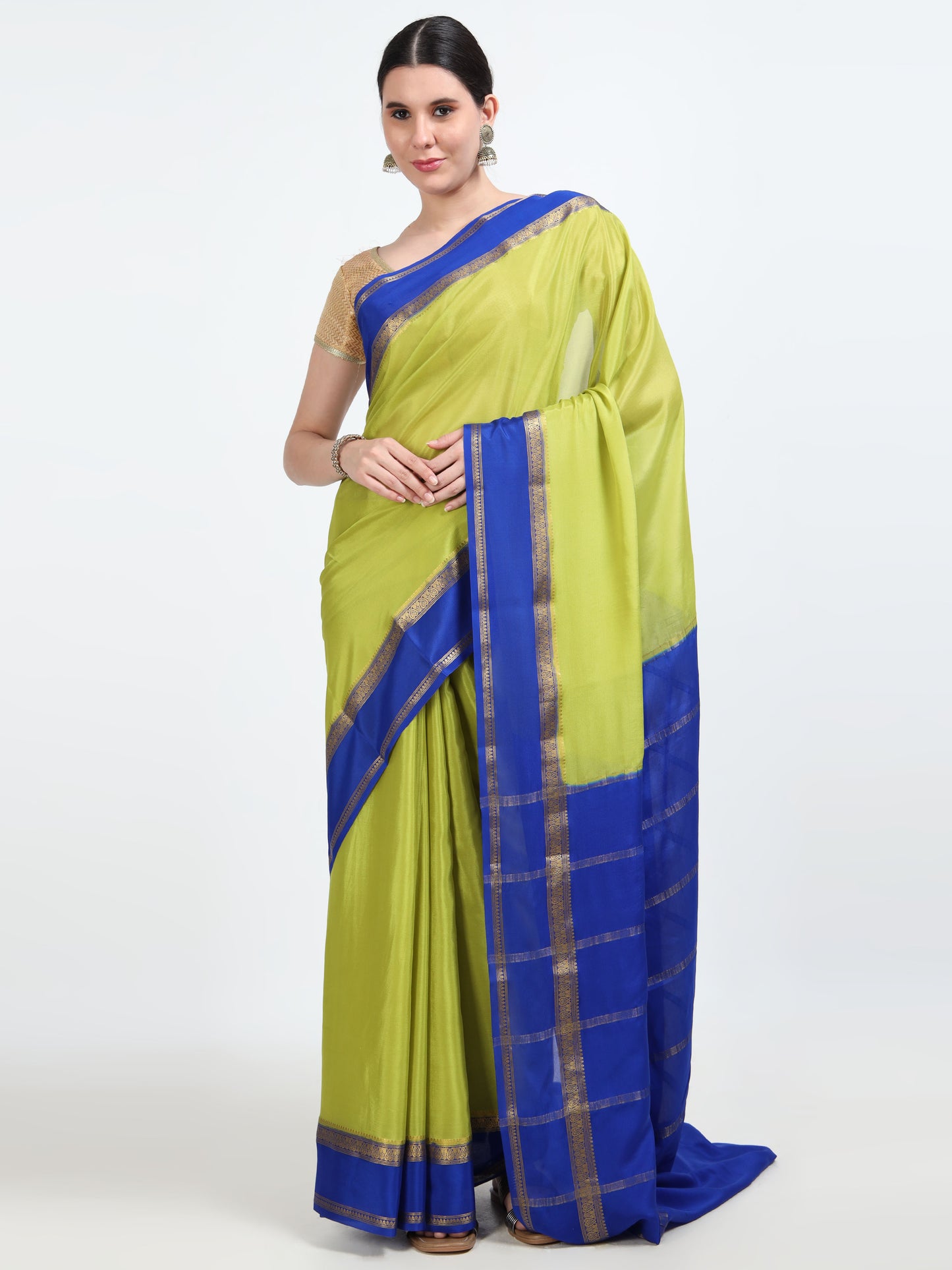 Olive Green Body With Royal Blue Pallu Pure Mysore Silk Crepe ( MC-MS 10 )