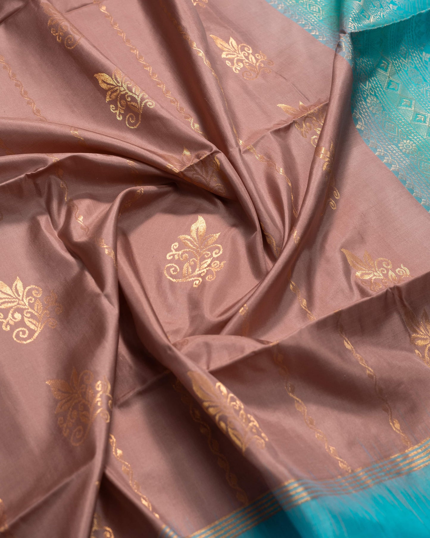 Pastel Brown With Sky Blue Pallu Pure Soft Silk Saree