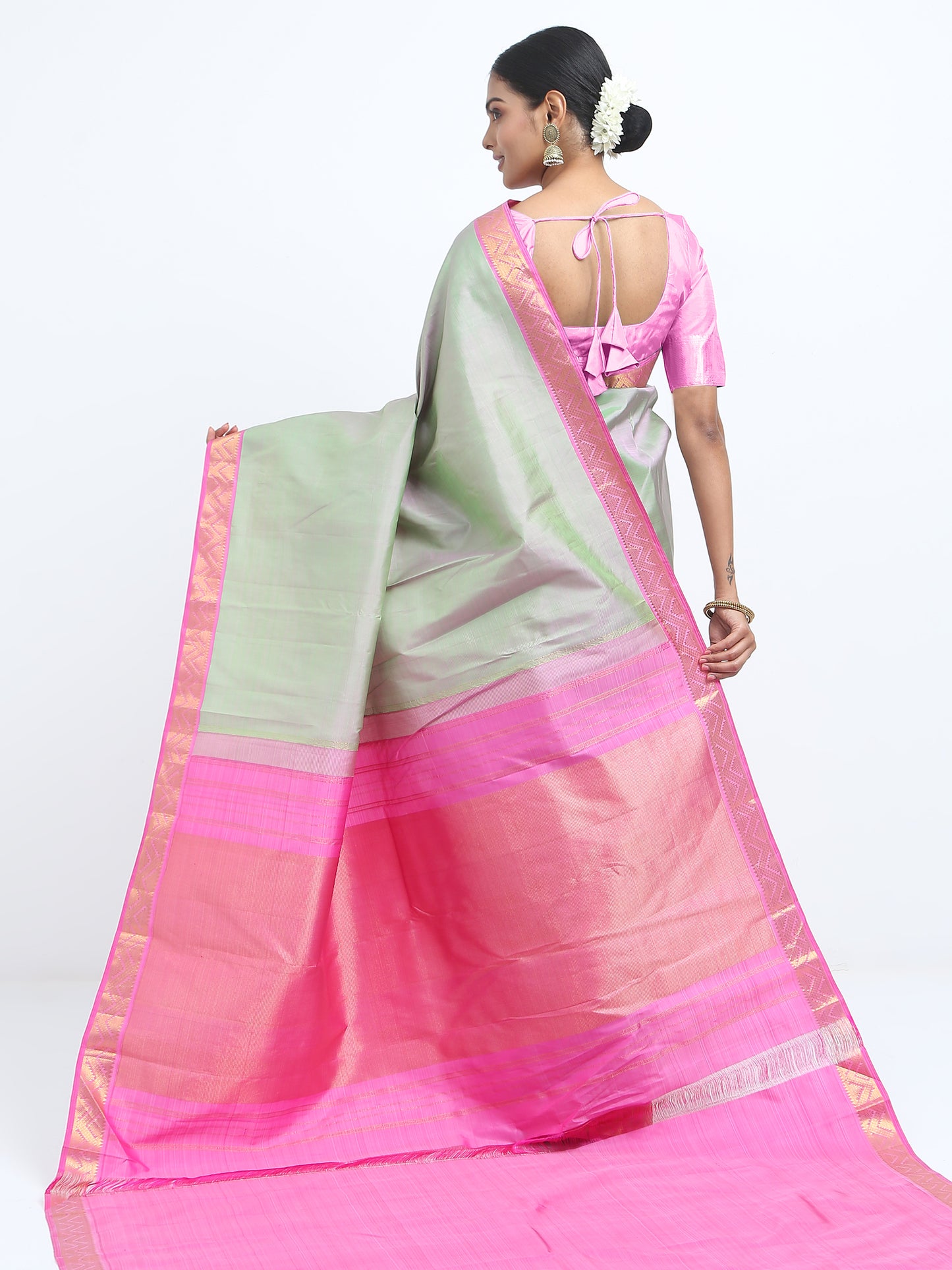 Dual Tone Rani With Green Body With Rani Pink Pallu Kanchivaram Pure Silk ( ARN 6 )