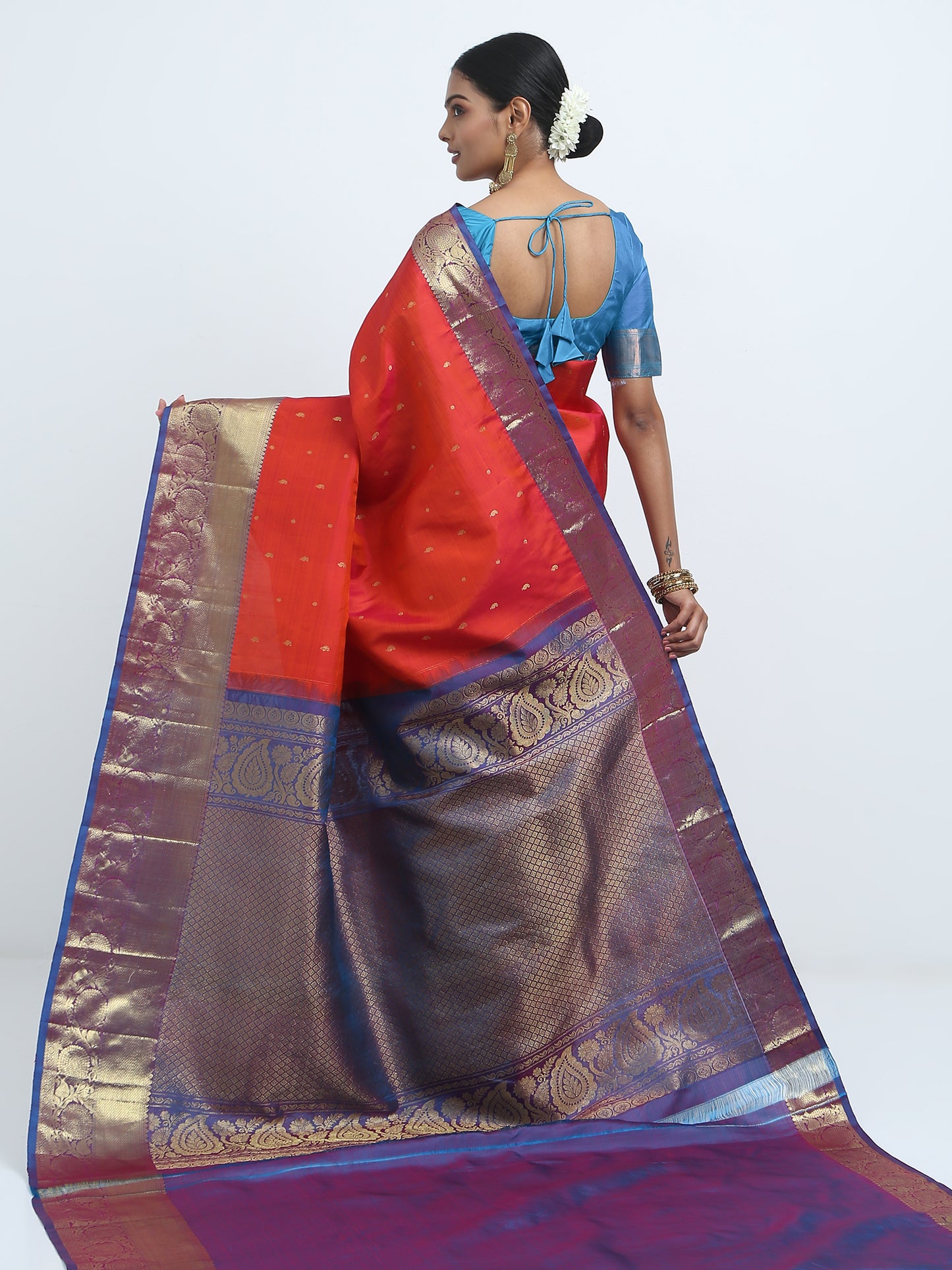 Rust Body With Ananda Blue Pallu Kanchivaram Pure Silk ( YNJ 1B )