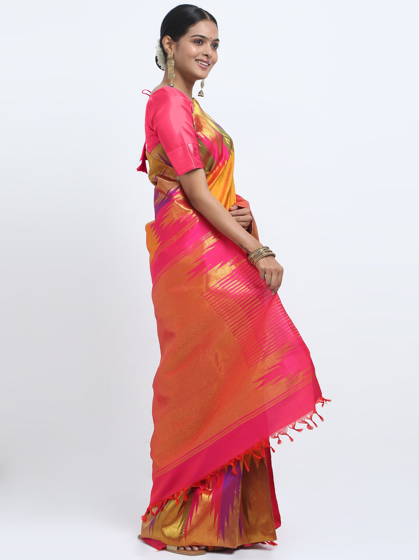 Multi Colour Woven Contrast With Mango Gold Body Kanchivaram Pure Silk ( SYS 2 )