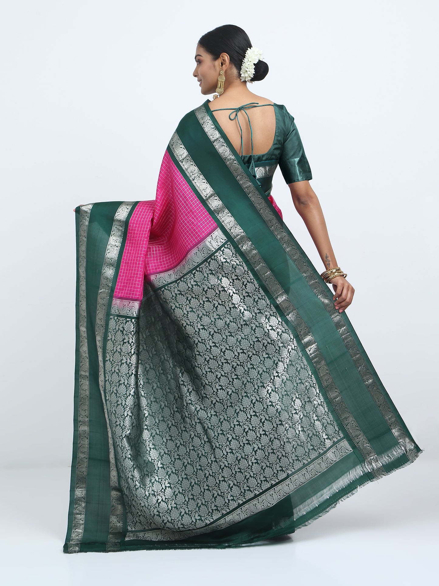 Contrast Bottle Green Border And Rani Body With Bottle Green Pallu Kanchivaram Pure Silk ( PSKS 1 )
