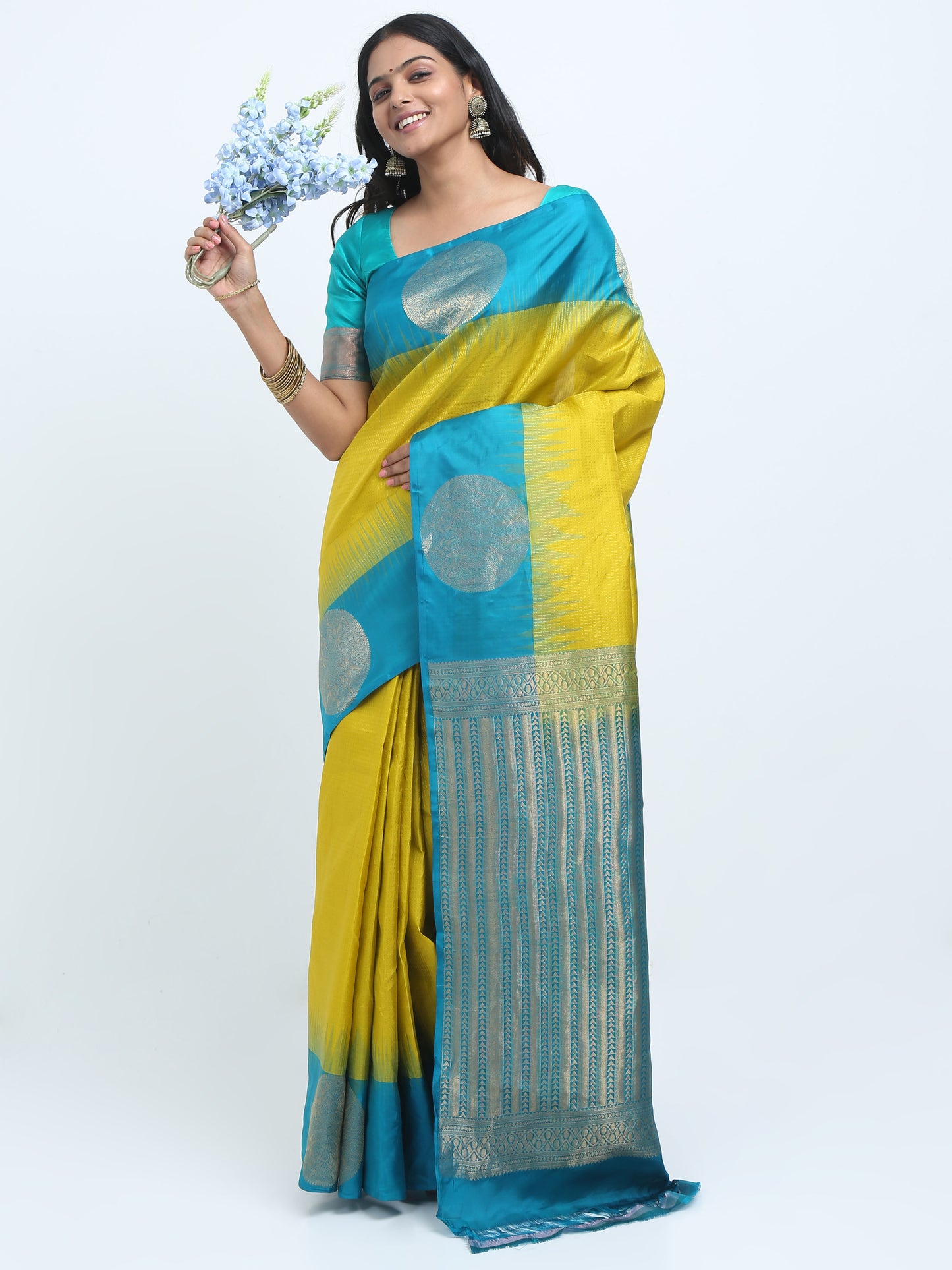 Contrast Safaire Green Border And Lemon Body With Safaire Green Pallu Kanchivaram Pure Silk ( SMS 36 )