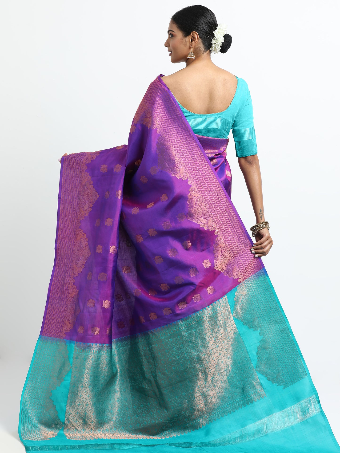 Dual Tone Royal Blue And Rani Tone Body With Sea Green Pallu Kanchivaram Pure Silk ( SMS-22 )
