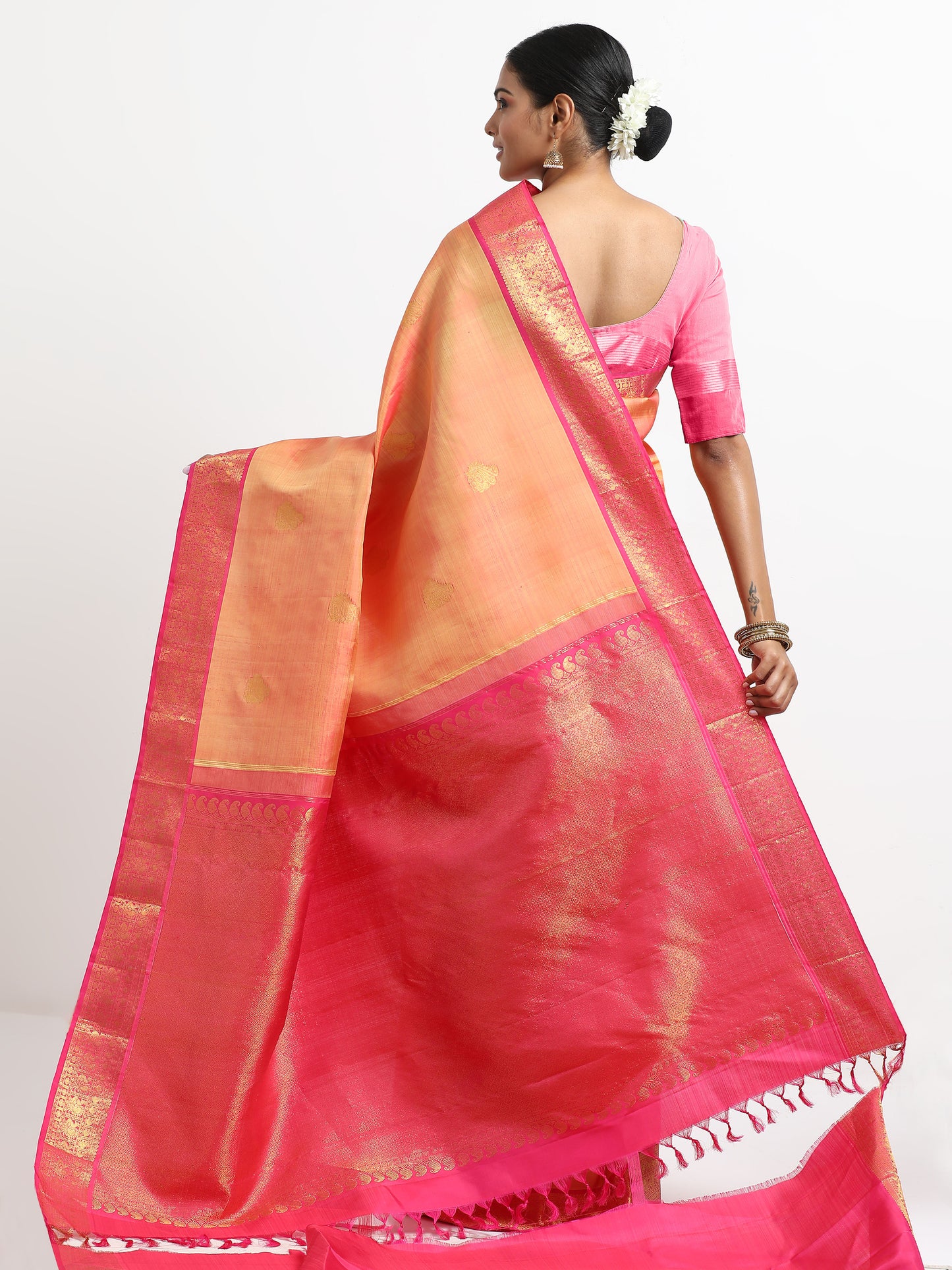 Dual Tone Lemon Yellow And Rani Pink Body With Rani Pink Pallu Kanchivaram Pure Silk ( KSK-4 )
