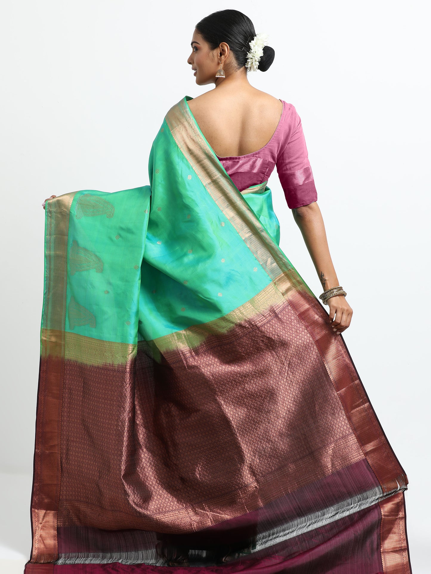 Dual Tone Parrot Green And Ananda Blue Body With Wine Pallu Kanchivaram Pure Silk ( SMS-35 )