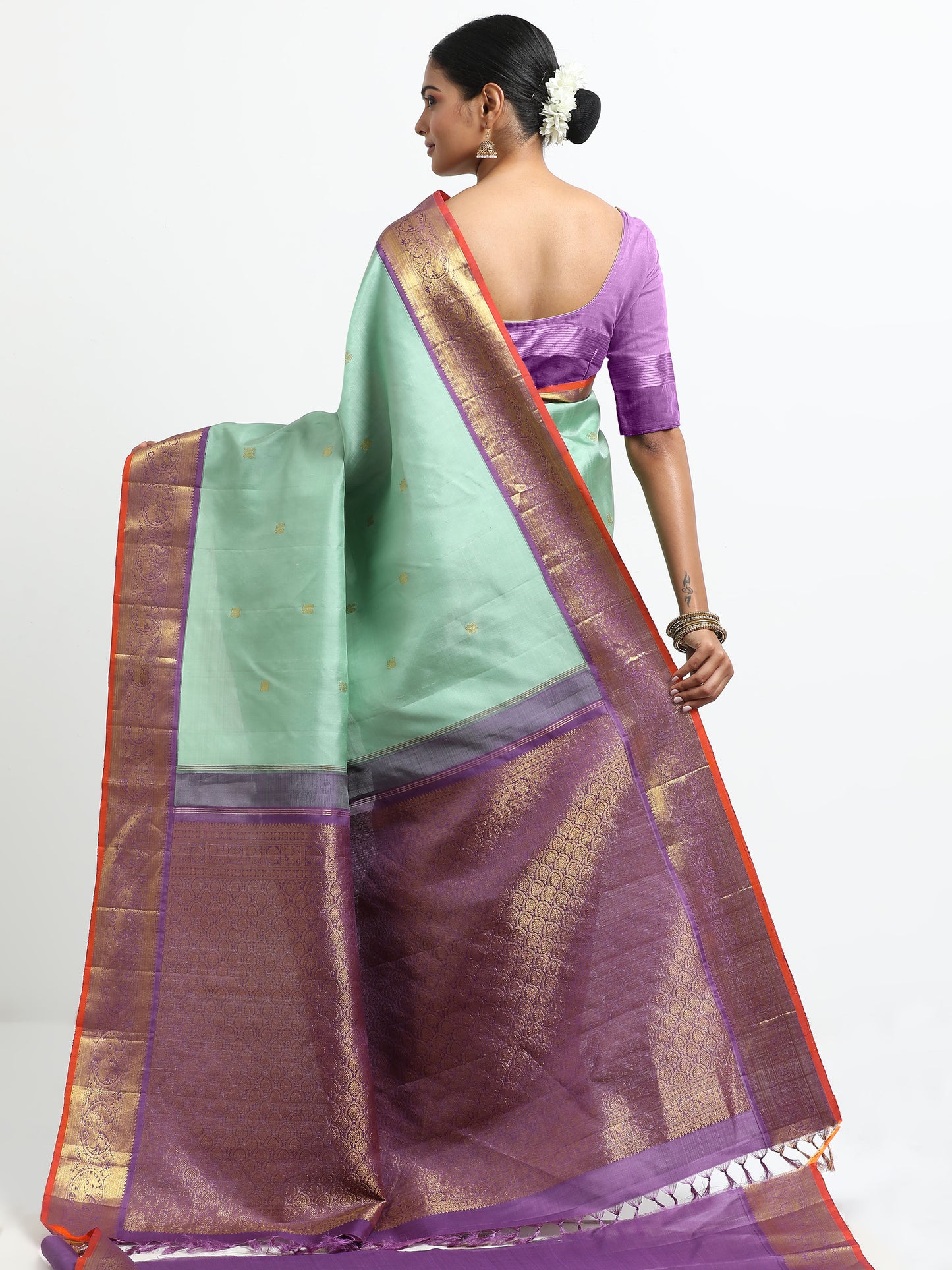 Dual Tone Sea Green And Silver Grey Body With Purple Pallu Kanchivaram Pure Silk ( KSK-3 )