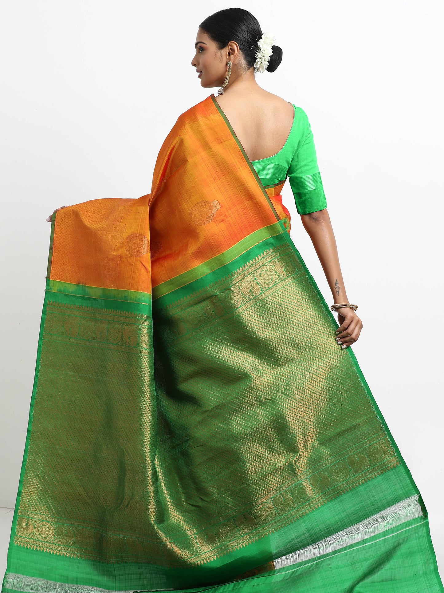 Dual Tone Gold And Rani Pink Tone Body With Green Pallu Kanchivaram Pure Silk ( MDP-KN6 )