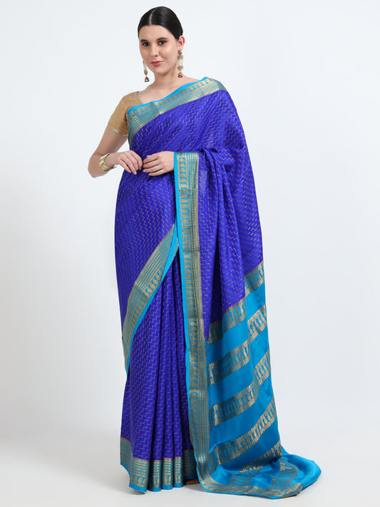 Pure Mysore Silk Crepe Royal Blue Body With Sky Blue Pallu (MC-MS 8)