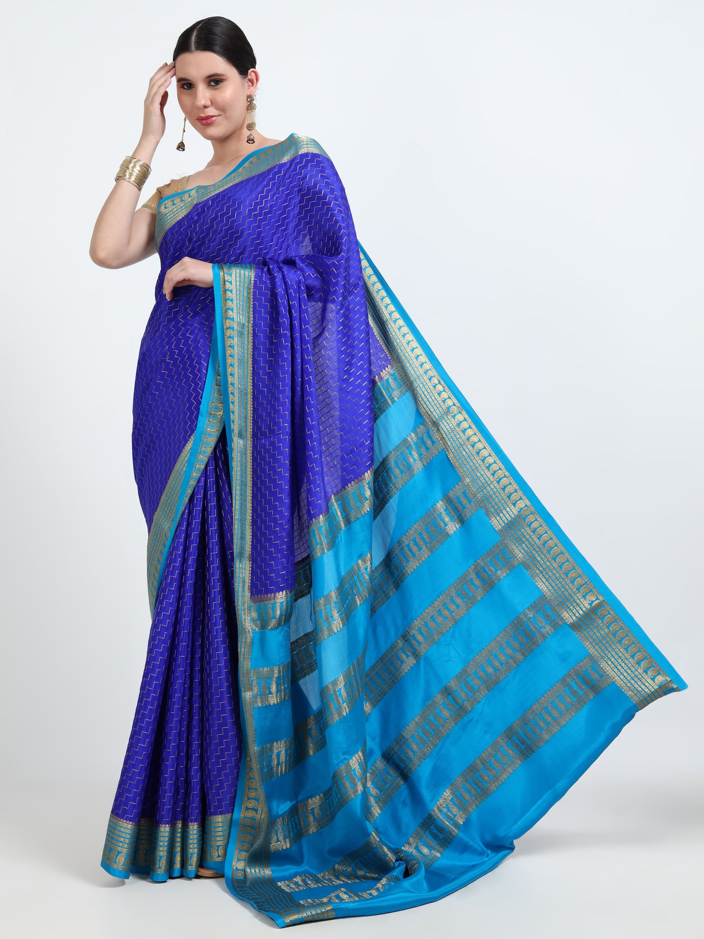 Royal Blue Body With Sky Blue Pallu Pure Mysore Silk Crepe ( MC-MS 8 )
