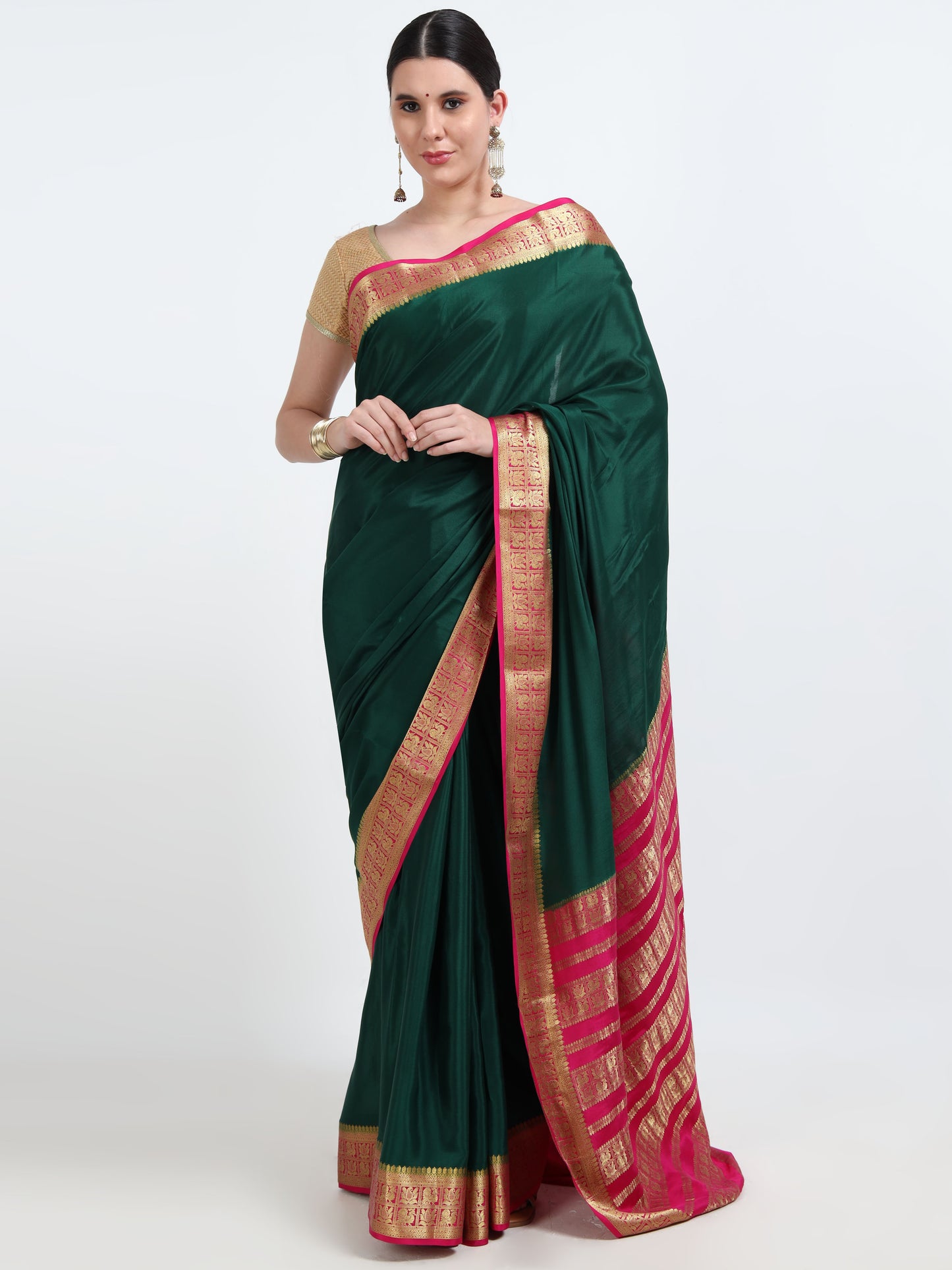 Bottle Green Body With Rani Pink Pallu Pure Mysore Silk Crepe ( MC-MS 9 )