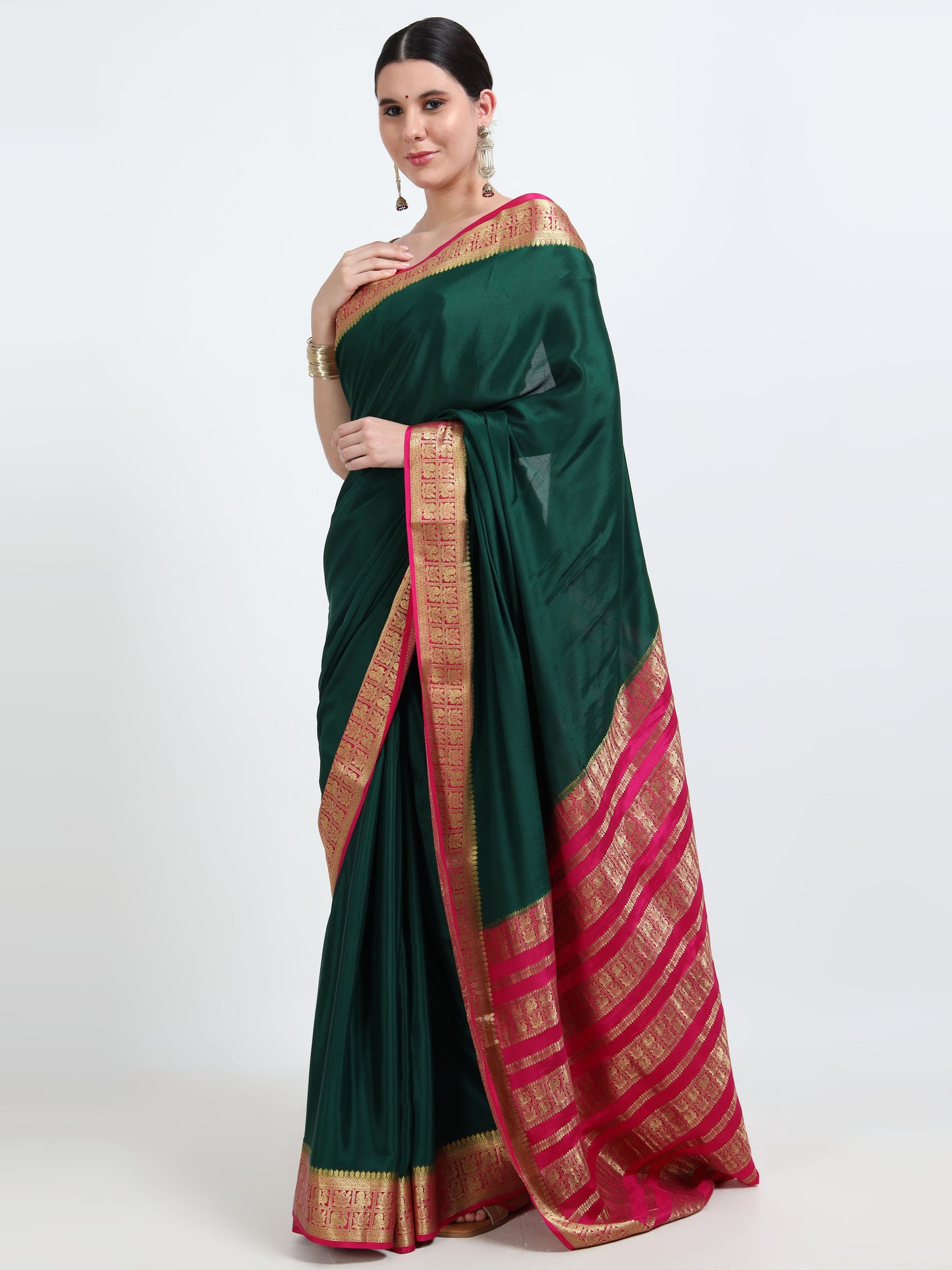 Bottle Green Body With Rani Pink Pallu Pure Mysore Silk Crepe ( MC-MS 9 )