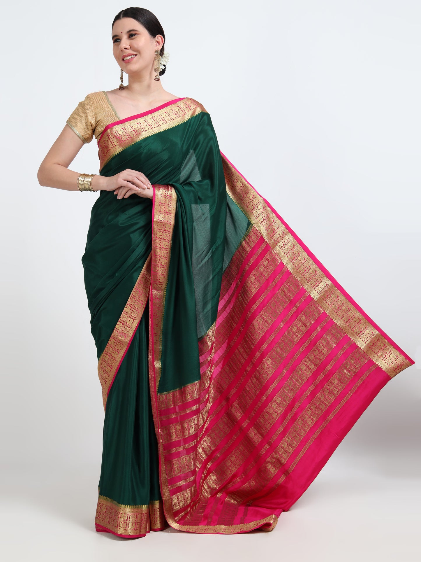 Bottle Green Body With Rani Pink Pallu Pure Mysore Silk Crepe ( MC-MS 9 )