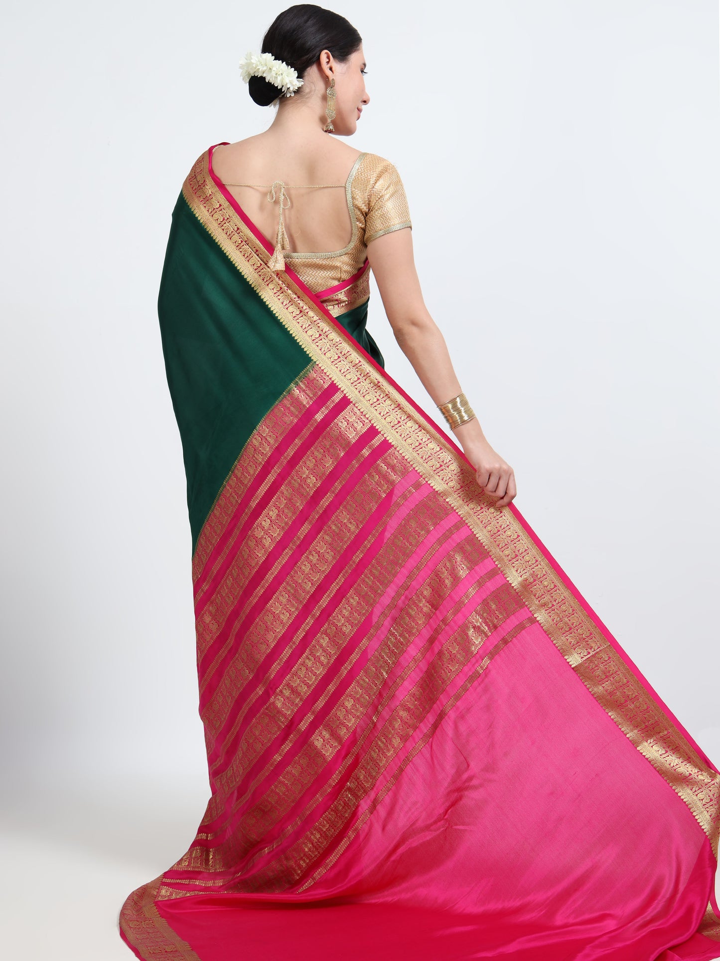 Bottle Green Body With Rani Pink Pallu Pure Mysore Silk Crepe ( MC-MS 9 )