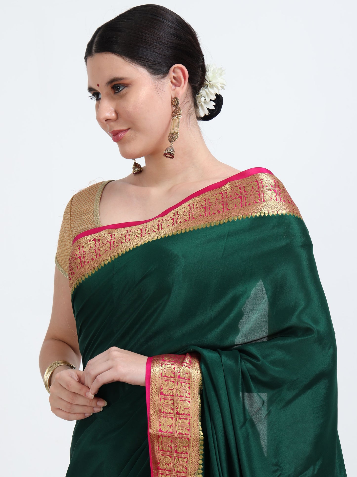 Bottle Green Body With Rani Pink Pallu Pure Mysore Silk Crepe ( MC-MS 9 )