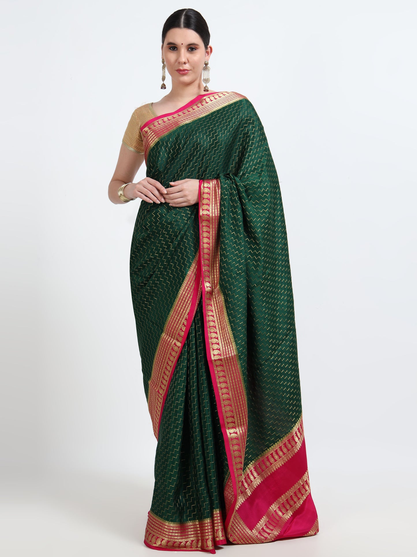 Bottle Green Body With Rani Pink Pallu Pure Mysore Silk Crepe ( MC-MS 8 )