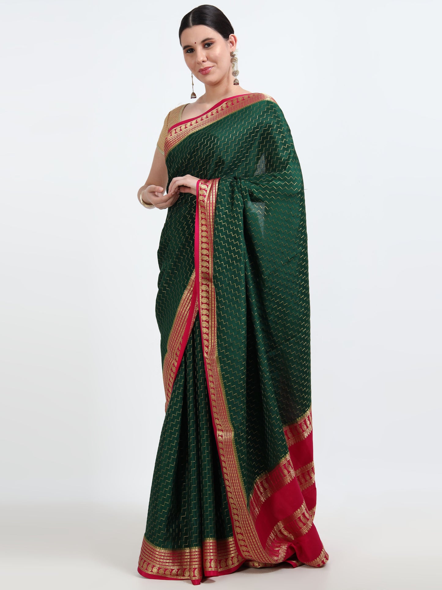 Bottle Green Body With Rani Pink Pallu Pure Mysore Silk Crepe ( MC-MS 8 )