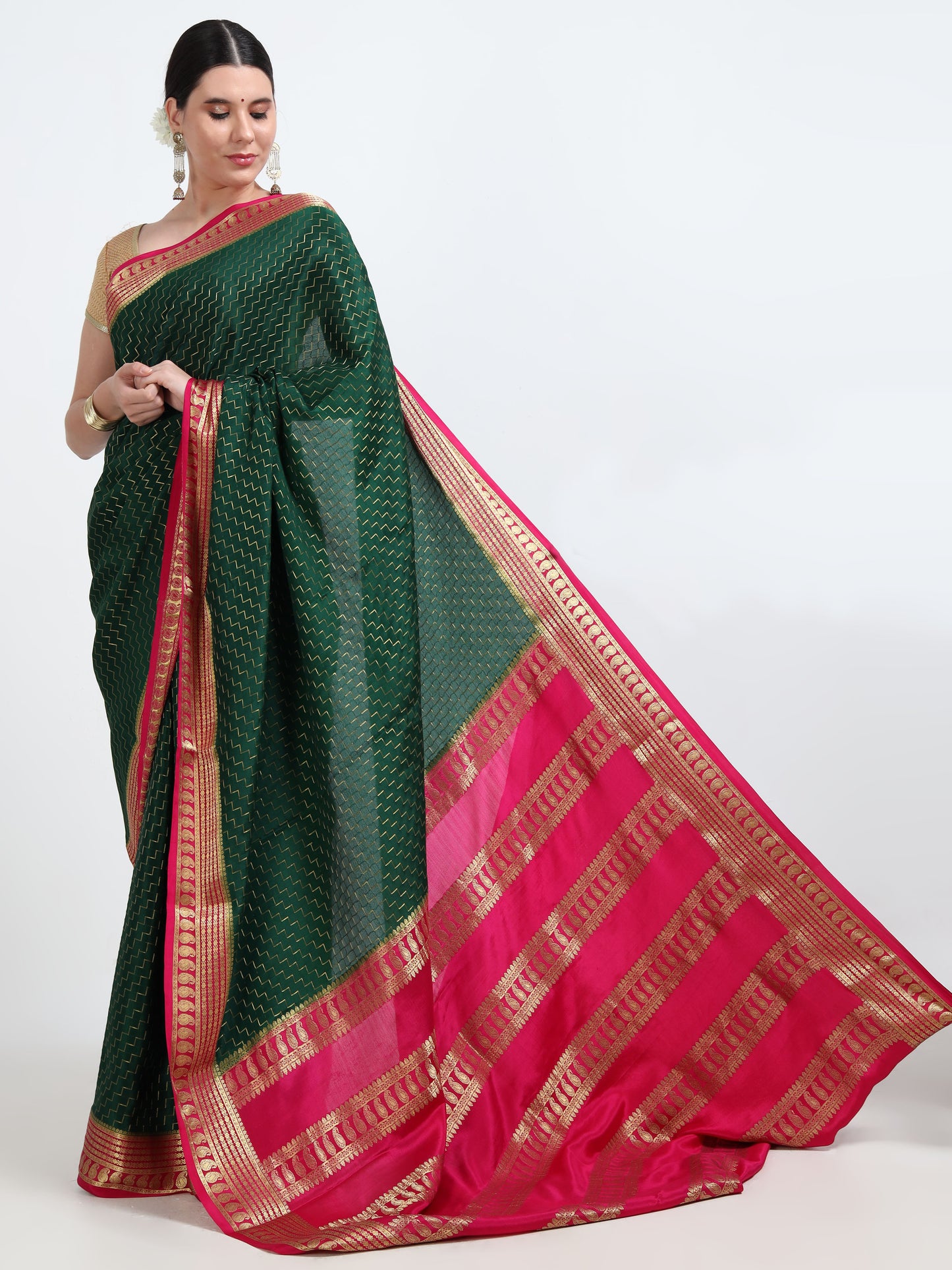 Bottle Green Body With Rani Pink Pallu Pure Mysore Silk Crepe ( MC-MS 8 )