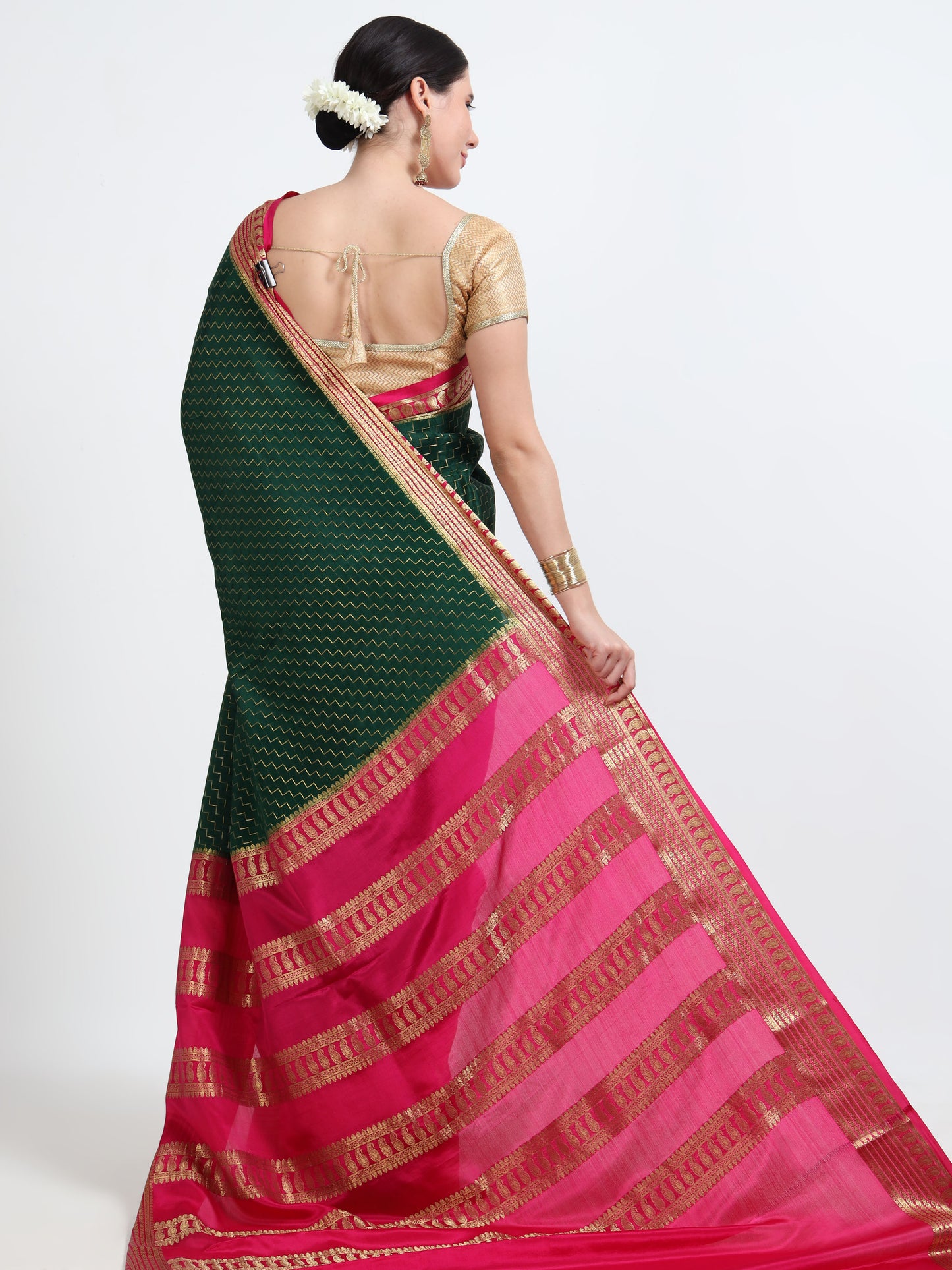 Bottle Green Body With Rani Pink Pallu Pure Mysore Silk Crepe ( MC-MS 8 )