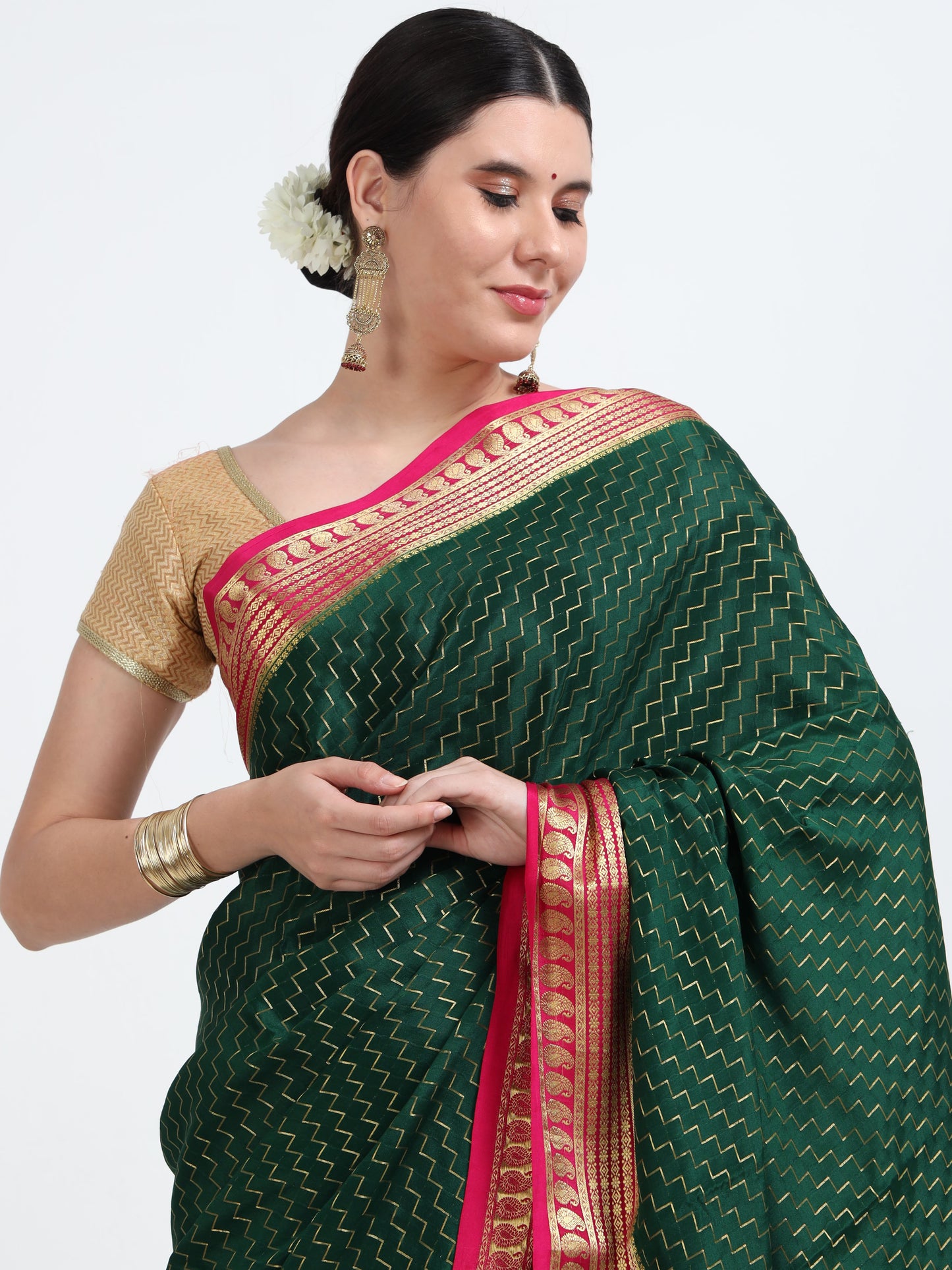 Bottle Green Body With Rani Pink Pallu Pure Mysore Silk Crepe ( MC-MS 8 )