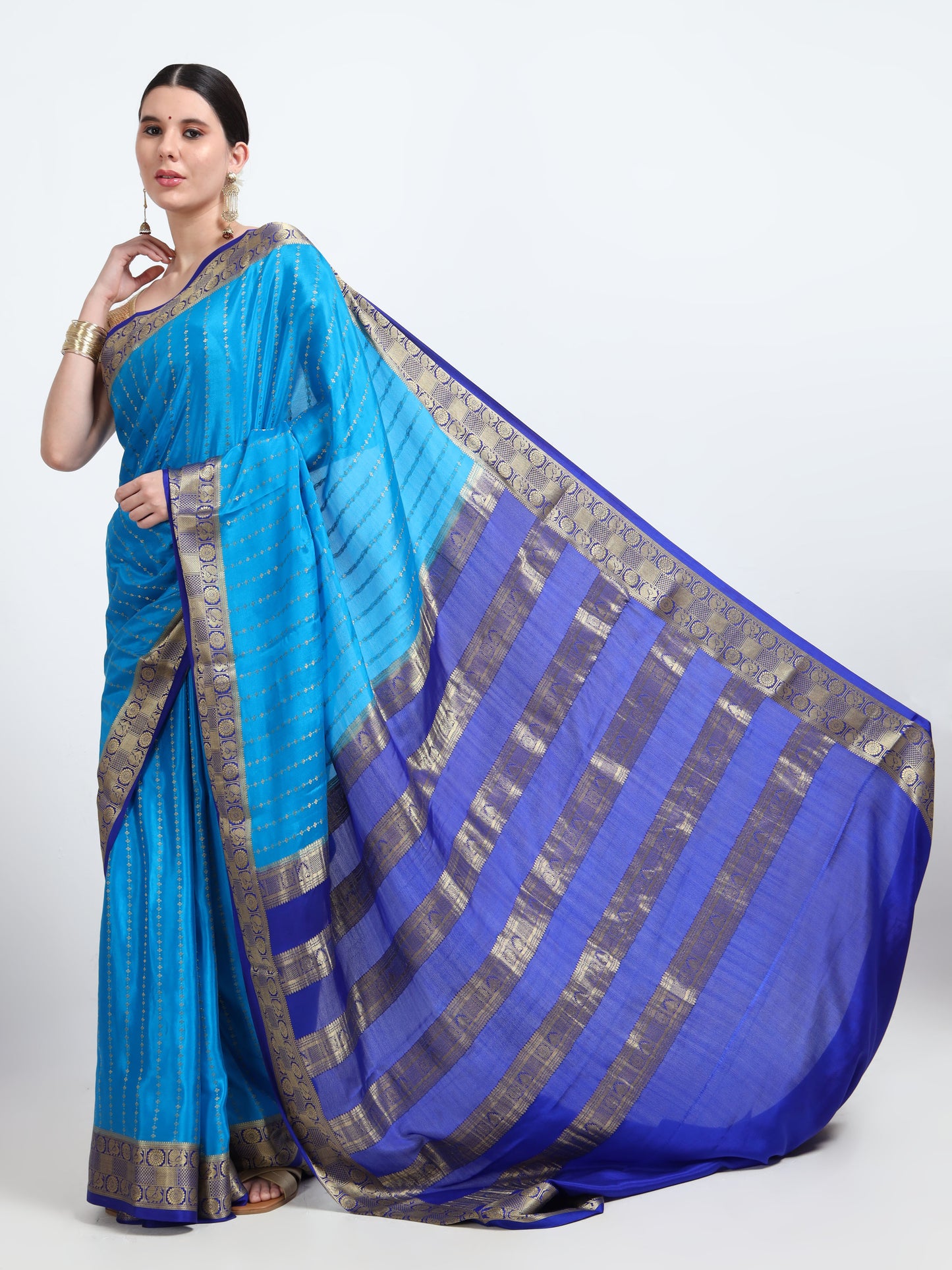 Sky Blue Body With Royal Blue Pallu Pure Mysore Silk Crepe ( MC-MS 4 )