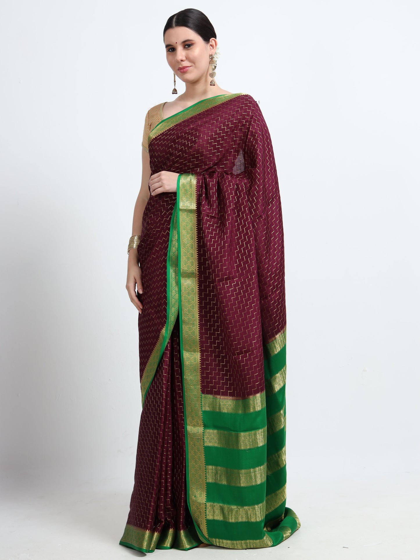 Maroon Body With Green Pallu Pure Mysore Silk Crepe ( MC-MS 8 )