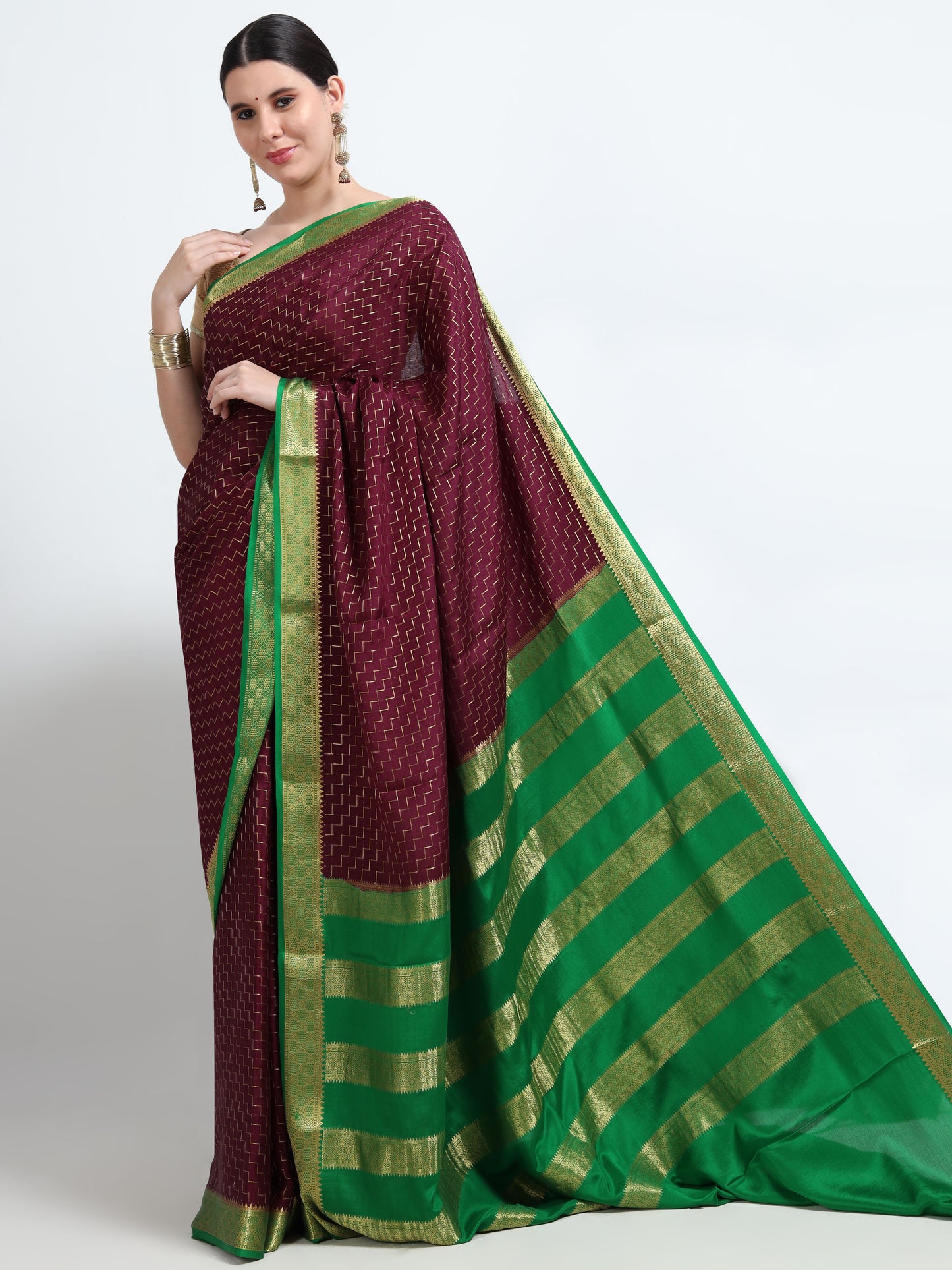 Maroon Body With Green Pallu Pure Mysore Silk Crepe ( MC-MS 8 )