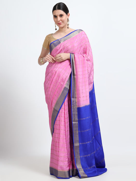 Pink Body With Royal Blue Pallu Pure Mysore Silk Crepe (MC-MS 7)