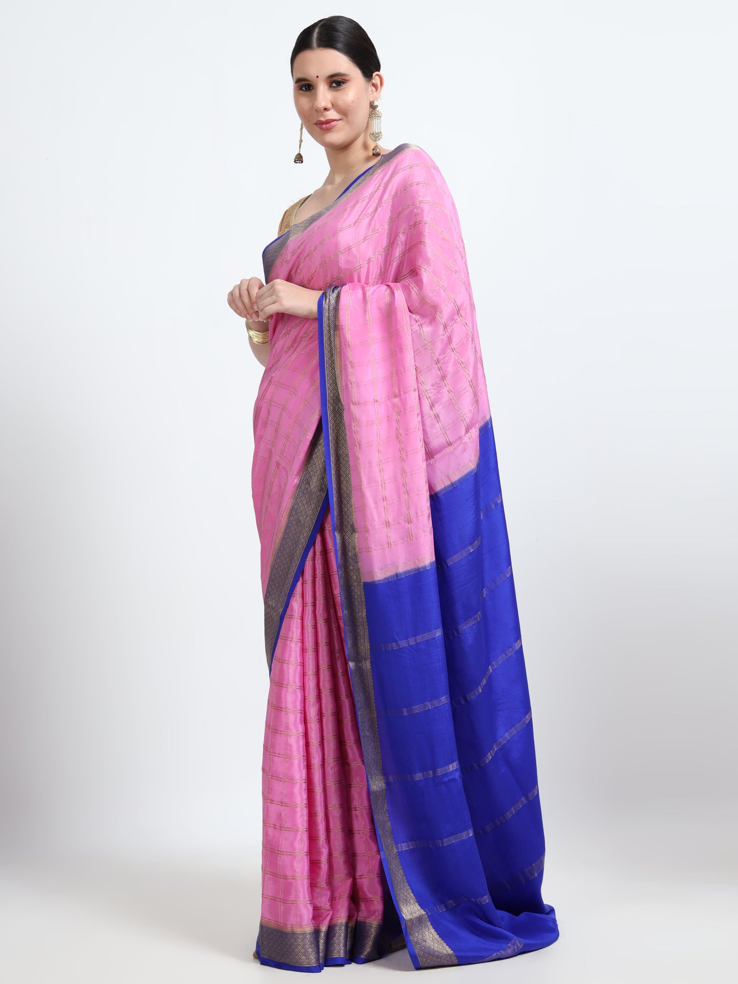 Pink Body With Royal Blue Pallu Pure Mysore Silk Crepe ( MC-MS 7 )
