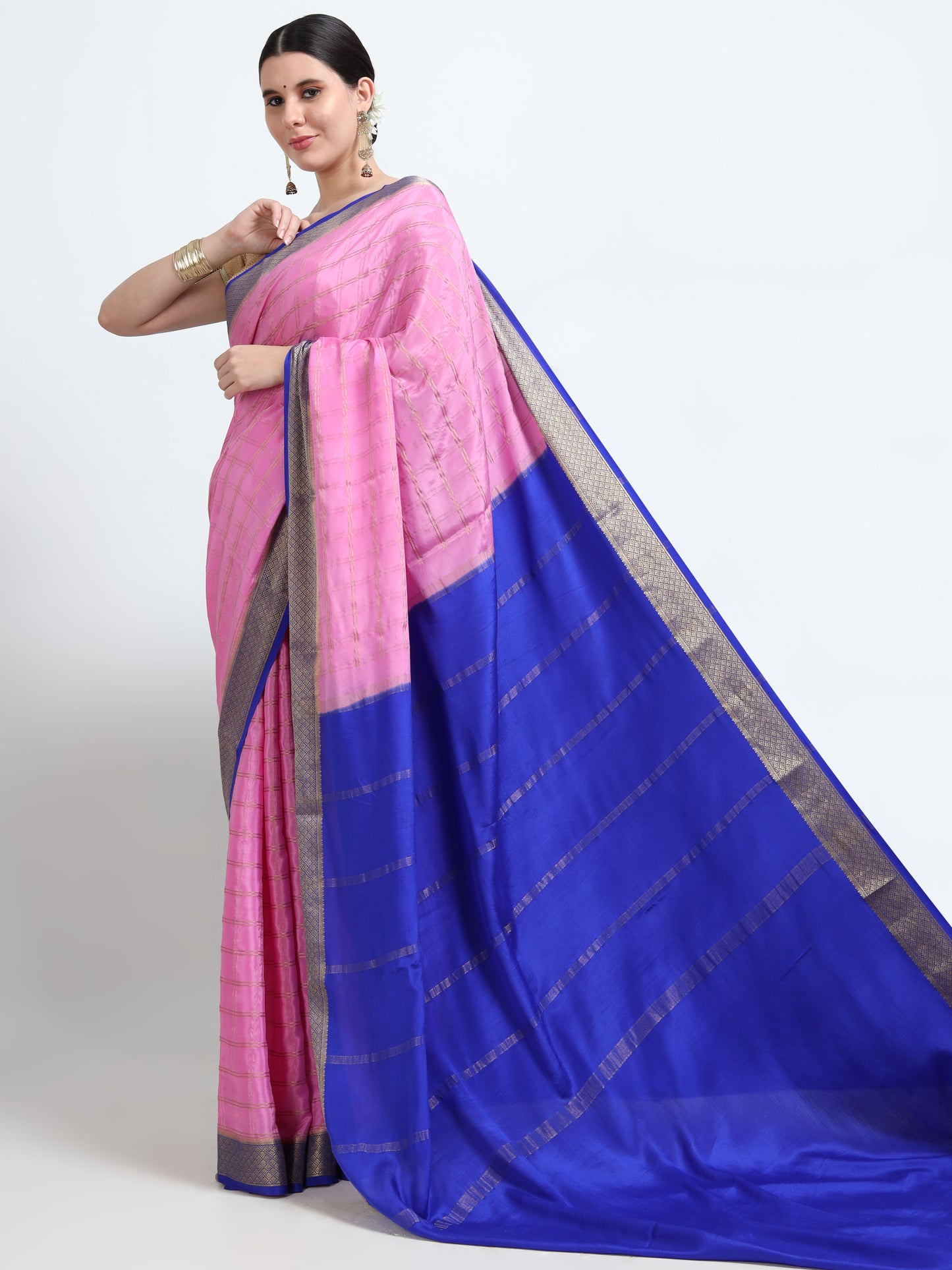 Pink Body With Royal Blue Pallu Pure Mysore Silk Crepe ( MC-MS 7 )