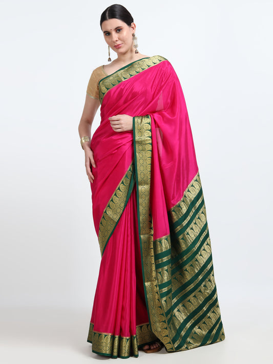 Rani Pink Body With Bottle Green Pallu Pure Mysore Silk Crepe (MC-MS 9)