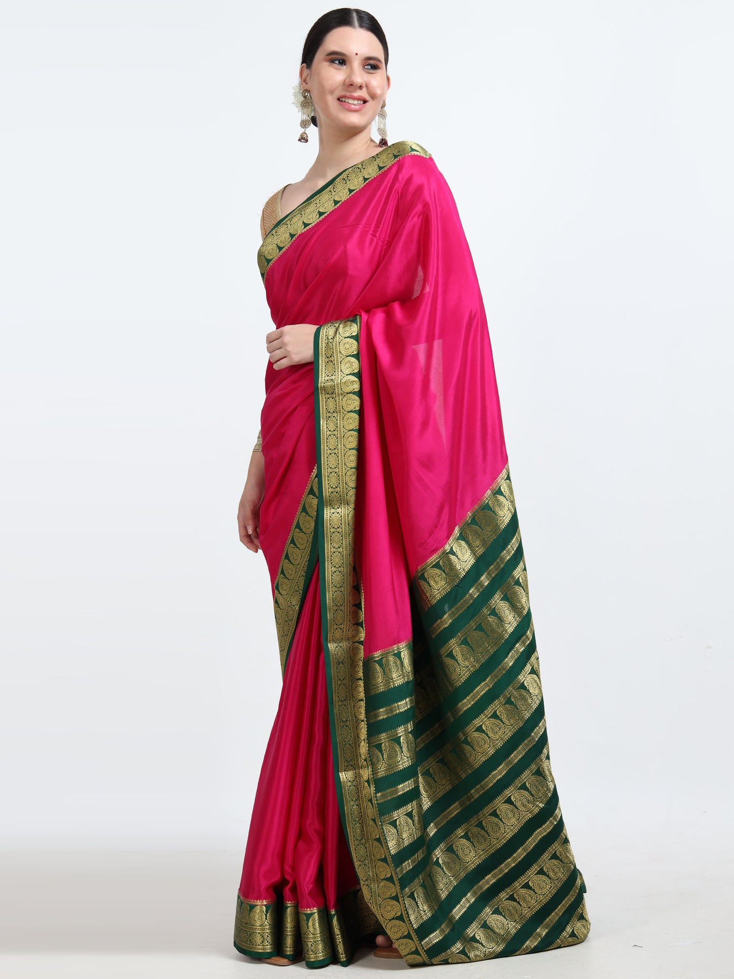 Rani Pink Body With Bottle Green Pallu Pure Mysore Silk Crepe ( MC-MS 9 )