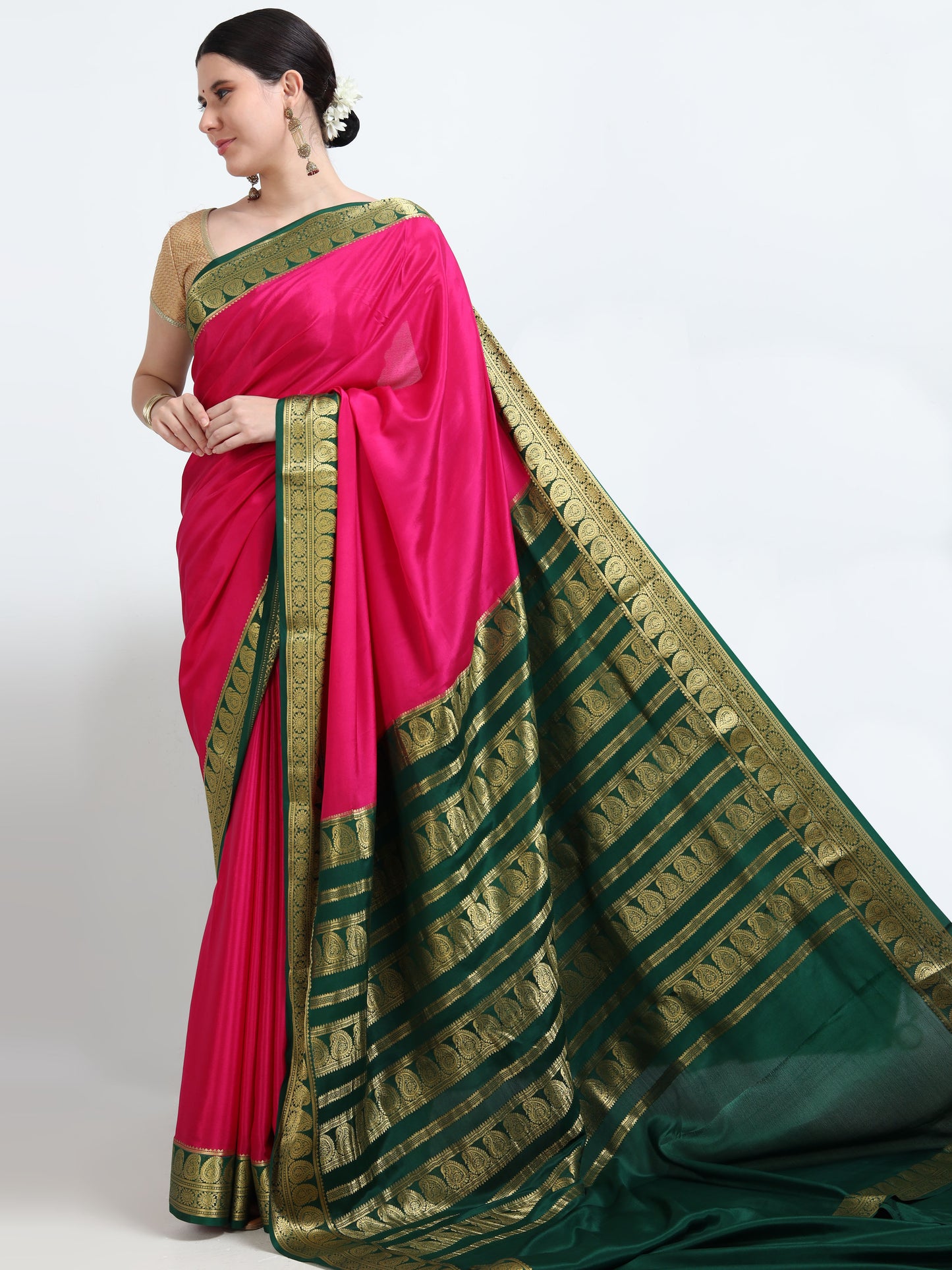 Rani Pink Body With Bottle Green Pallu Pure Mysore Silk Crepe ( MC-MS 9 )