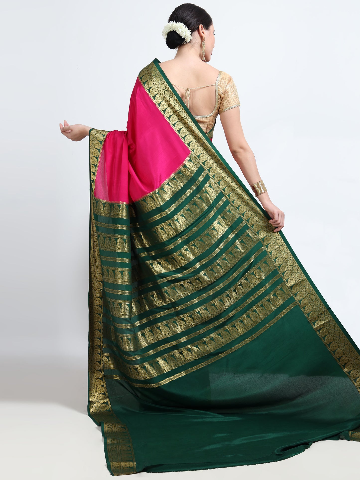 Rani Pink Body With Bottle Green Pallu Pure Mysore Silk Crepe ( MC-MS 9 )