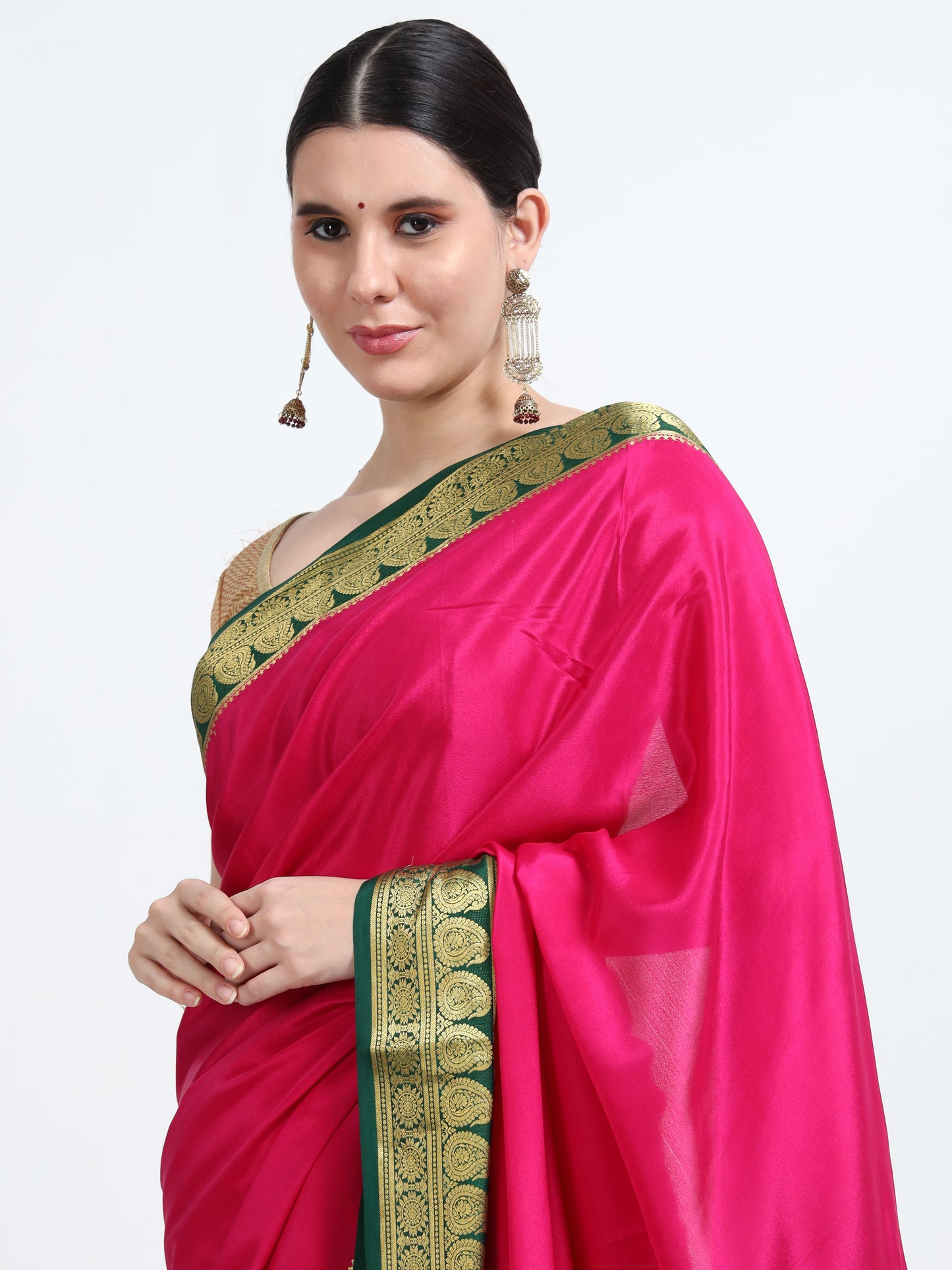 Rani Pink Body With Bottle Green Pallu Pure Mysore Silk Crepe ( MC-MS 9 )