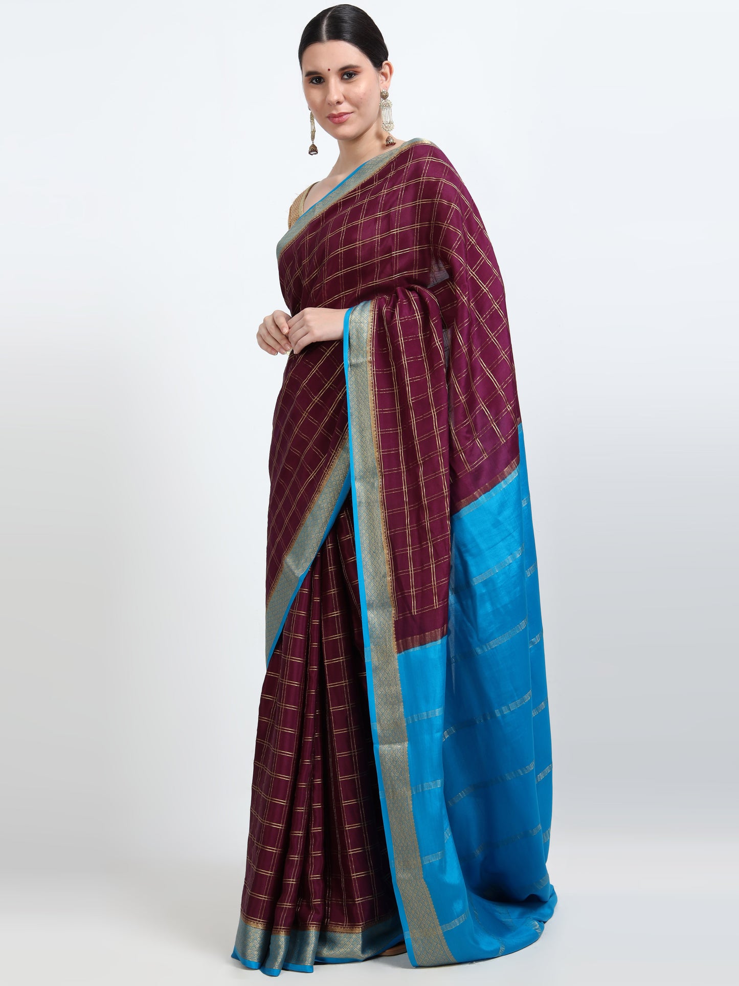 Off Wine Body With Sky Blue Pallu Pure Mysore Silk Crepe ( MC-MS 7 )