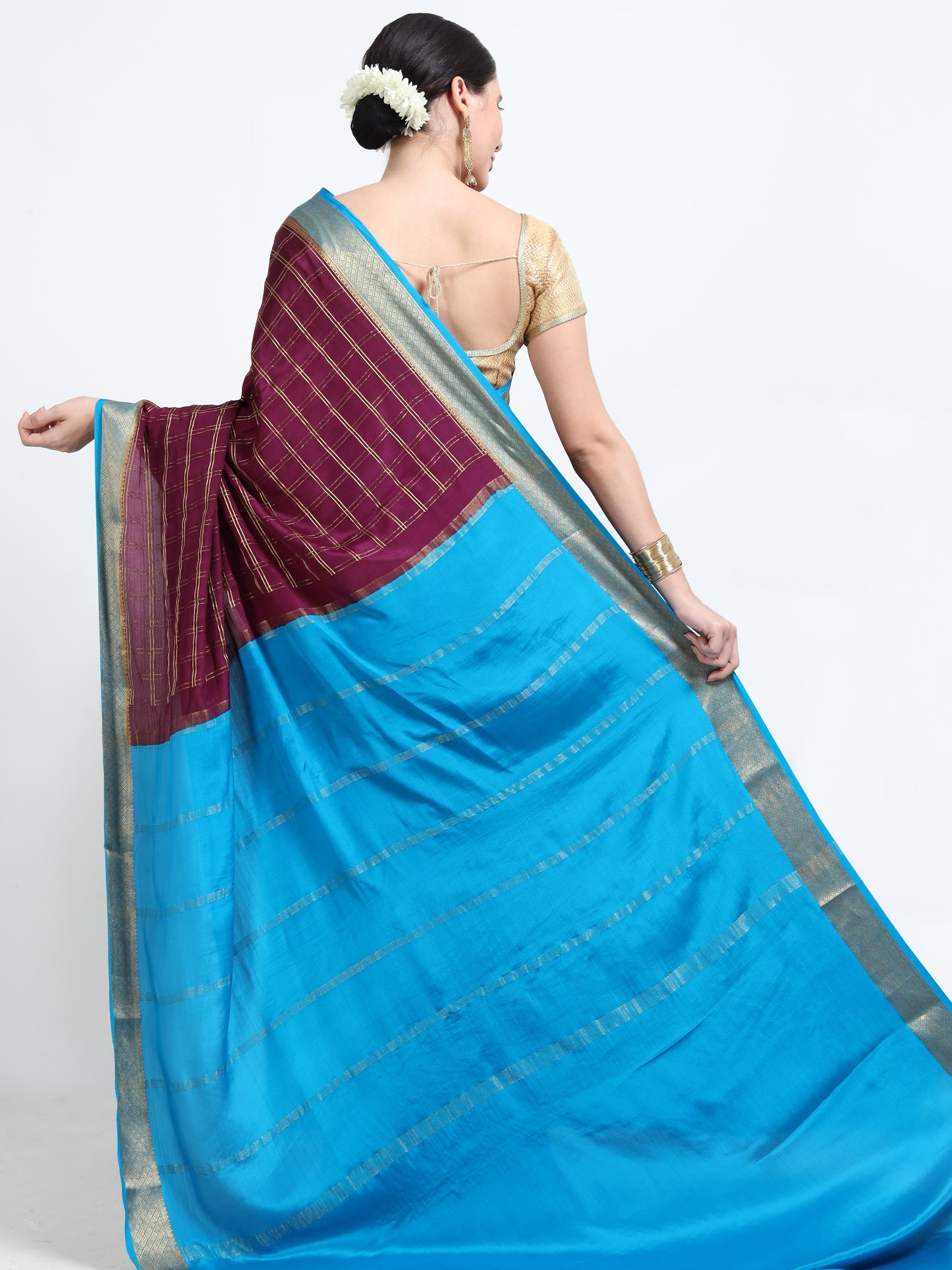 Off Wine Body With Sky Blue Pallu Pure Mysore Silk Crepe ( MC-MS 7 )