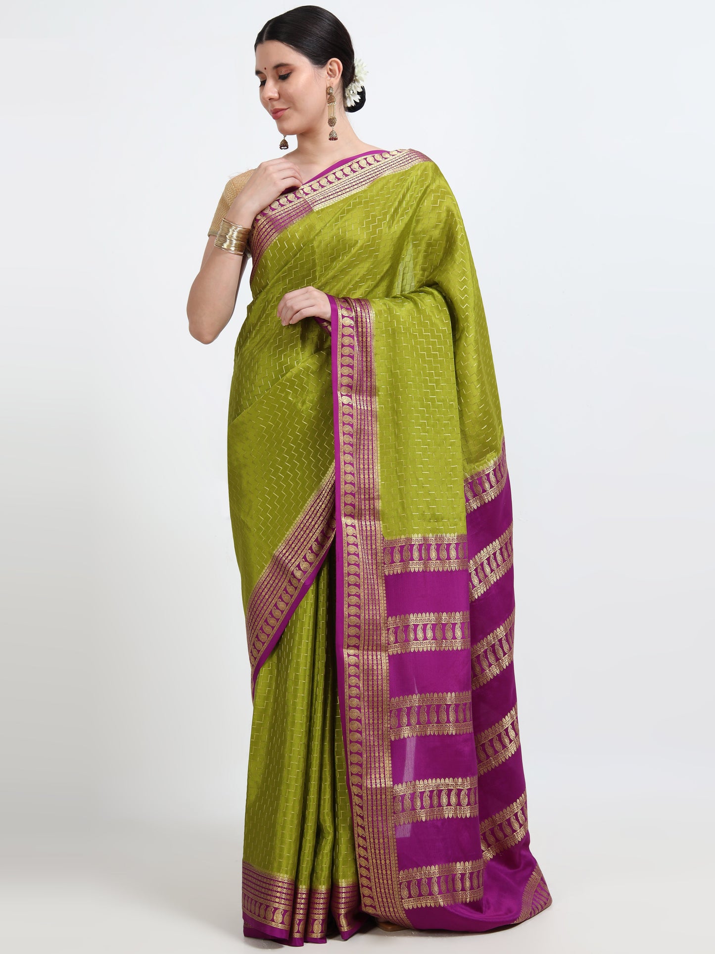 Olive Green Body With Majenta Pallu Pure Mysore Silk Crepe ( MC-MS 8 )