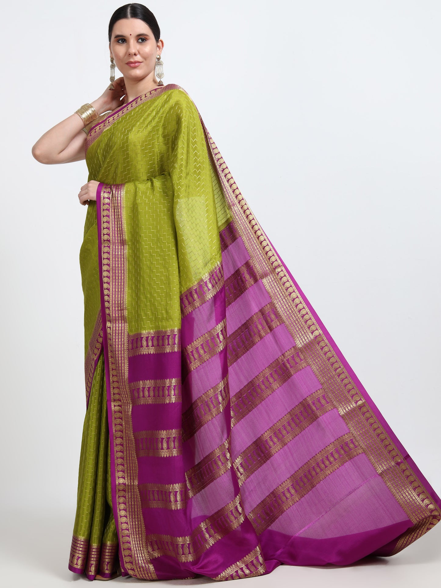Olive Green Body With Majenta Pallu Pure Mysore Silk Crepe ( MC-MS 8 )