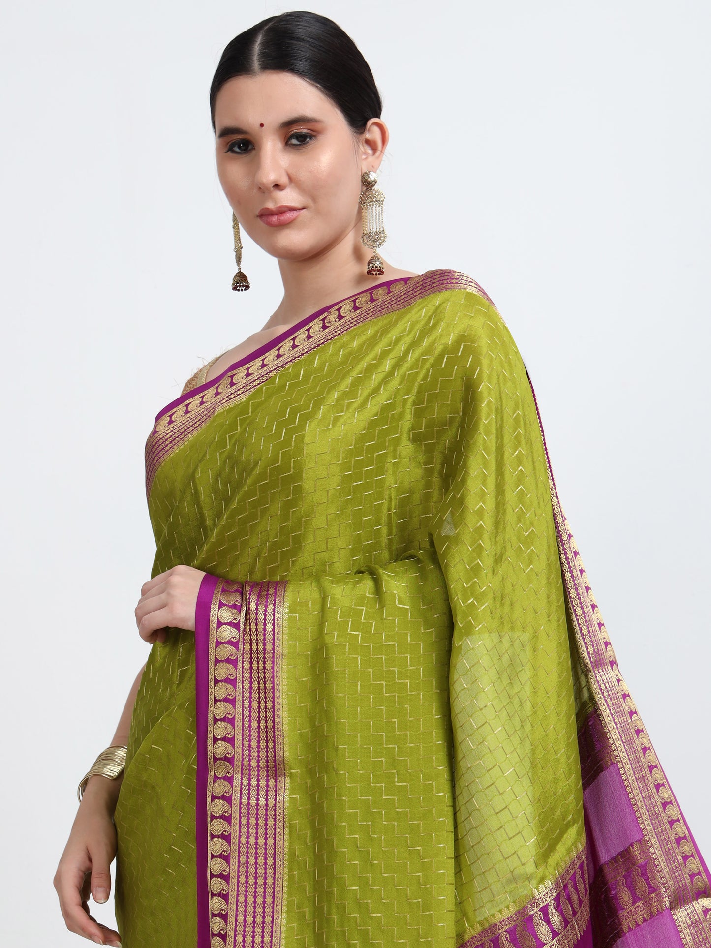 Olive Green Body With Majenta Pallu Pure Mysore Silk Crepe ( MC-MS 8 )