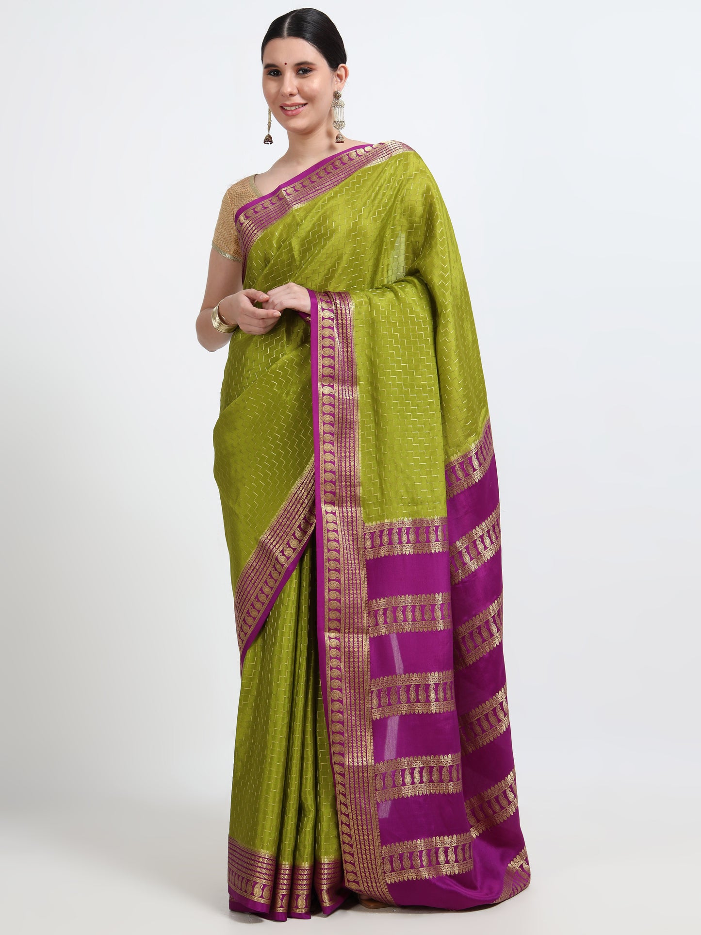 Olive Green Body With Majenta Pallu Pure Mysore Silk Crepe ( MC-MS 8 )